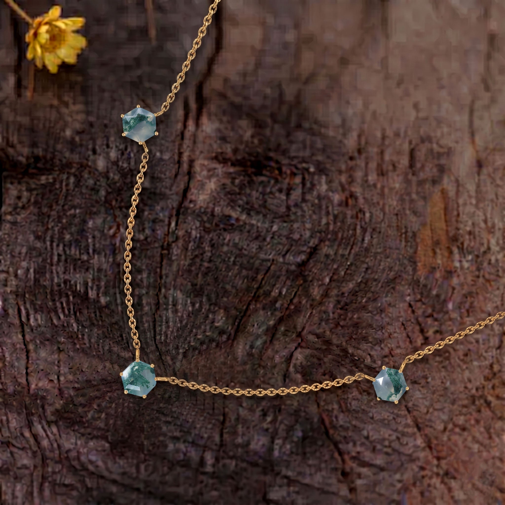 Minimalist three stone moss agate necklace with 16 inch chain and extender
