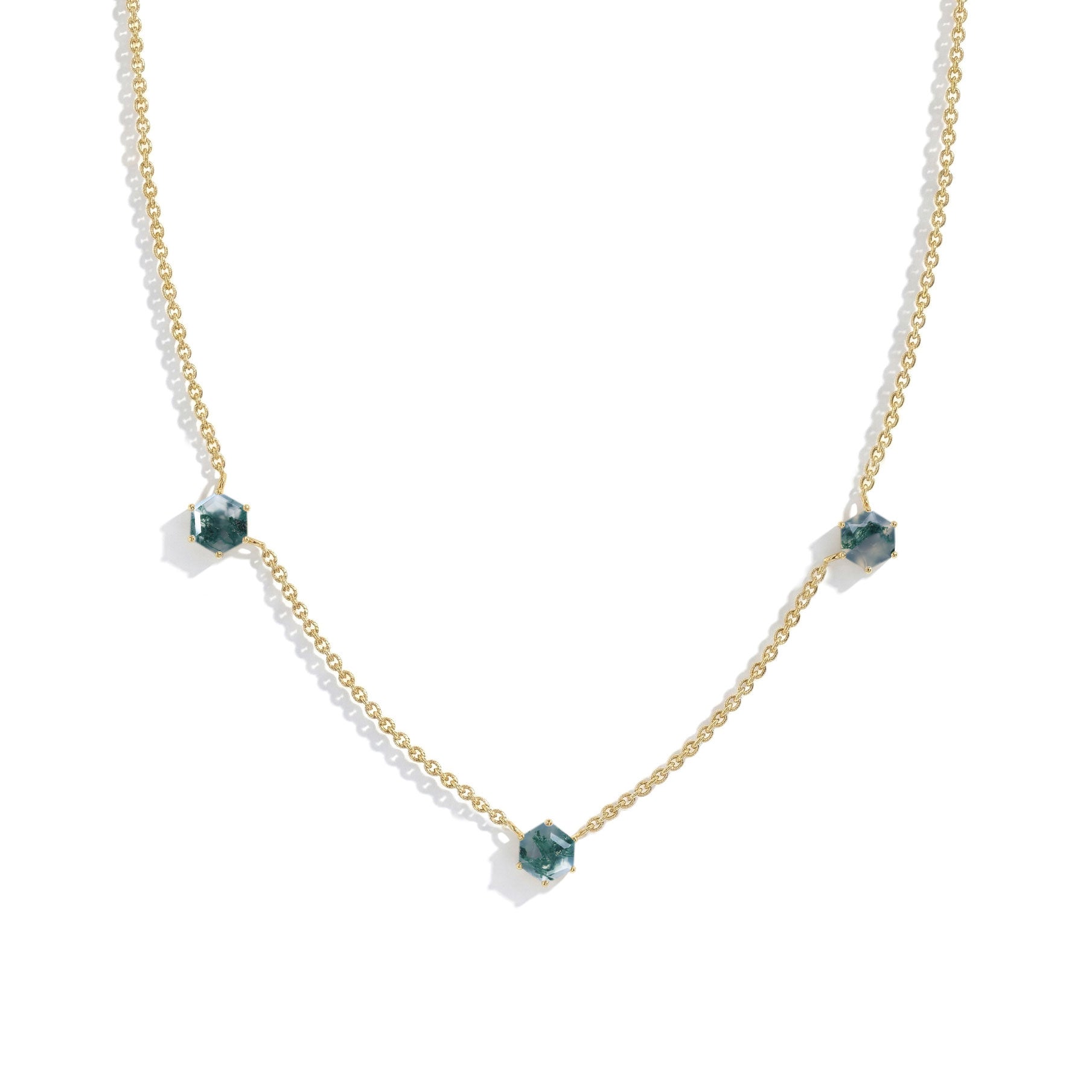 Women’s natural moss agate necklace with yellow gold filled and silver finish

