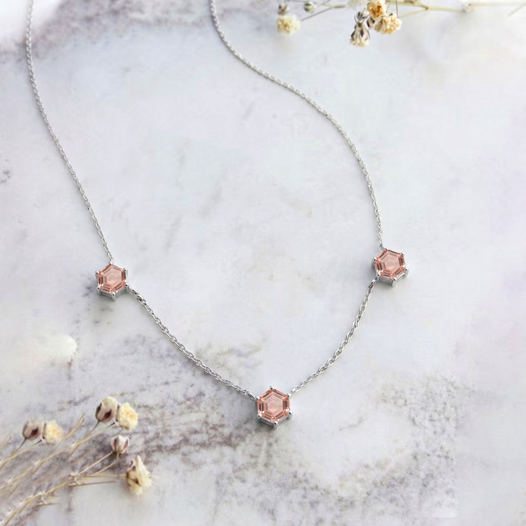 Yellow gold filled morganite three stone necklace with luxury gemstone settings
