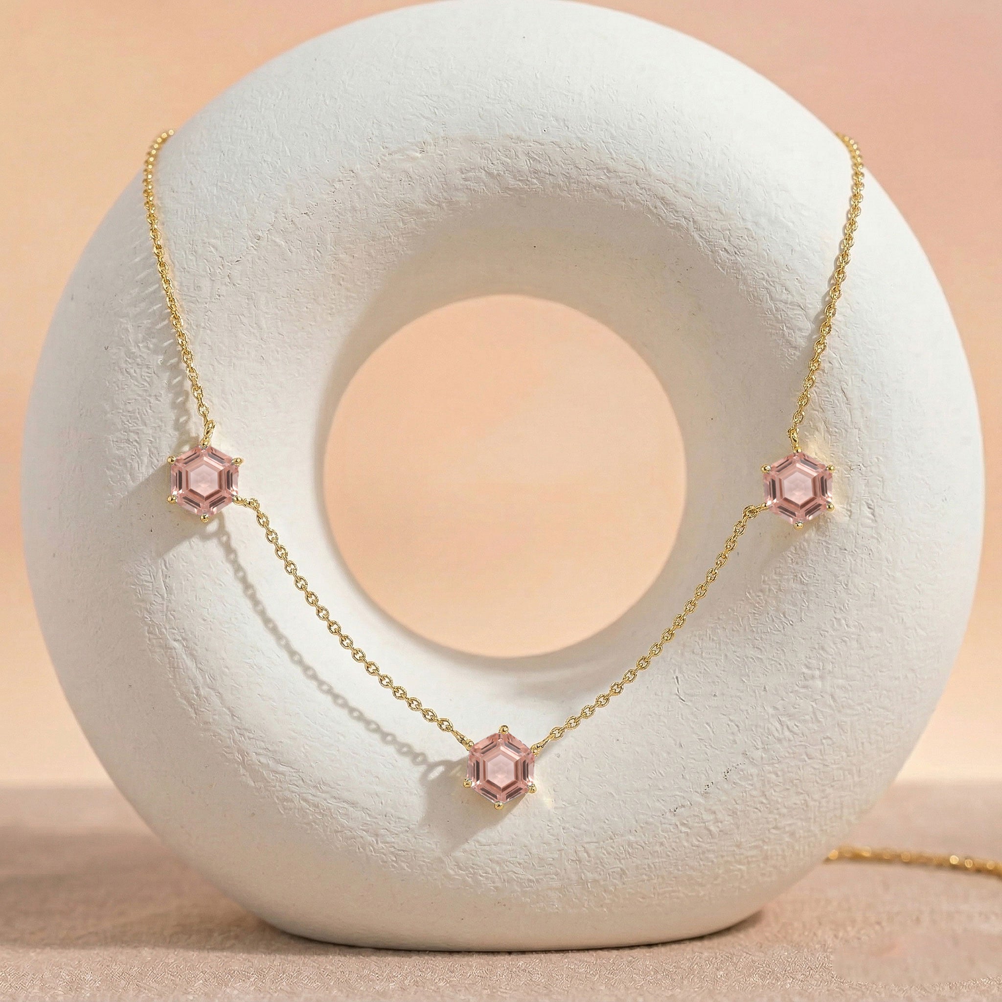 Morganite gemstone necklace for women with three stone hexagon cut jewelry details

