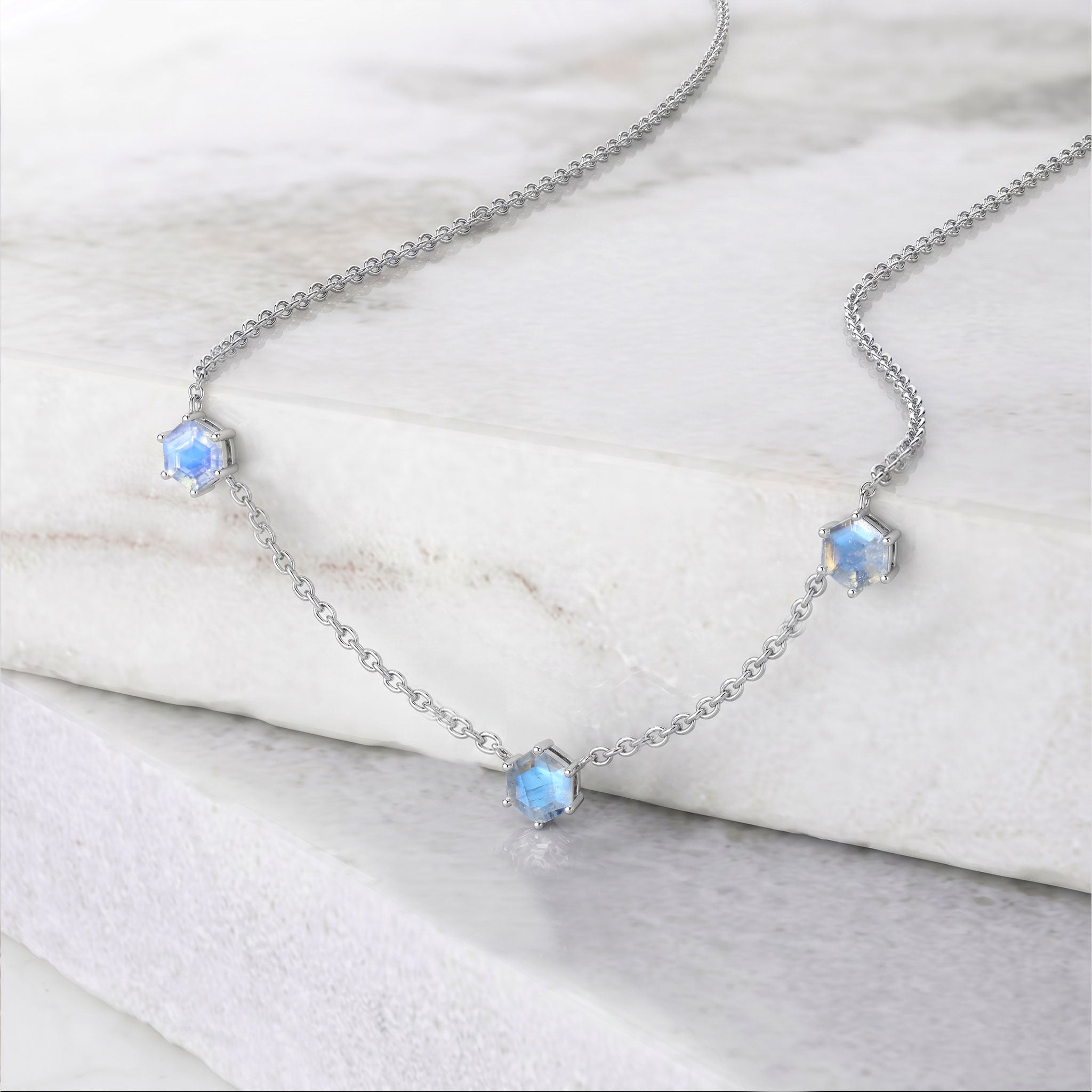 Moonstone station necklace with three 6mm hexagon cut gemstones and adjustable chain extender
