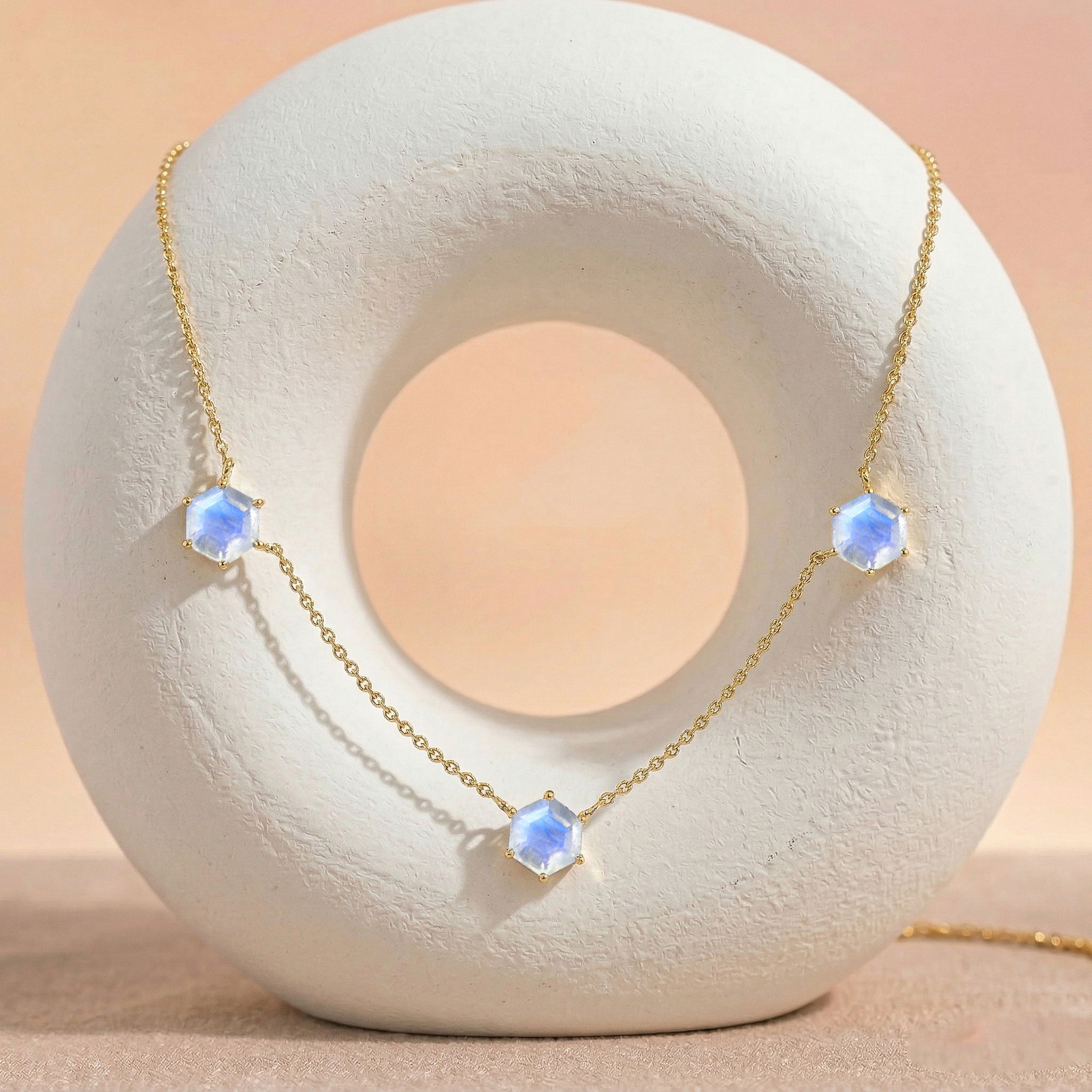 Yellow gold filled moonstone three stone necklace with luxury gemstone settings
