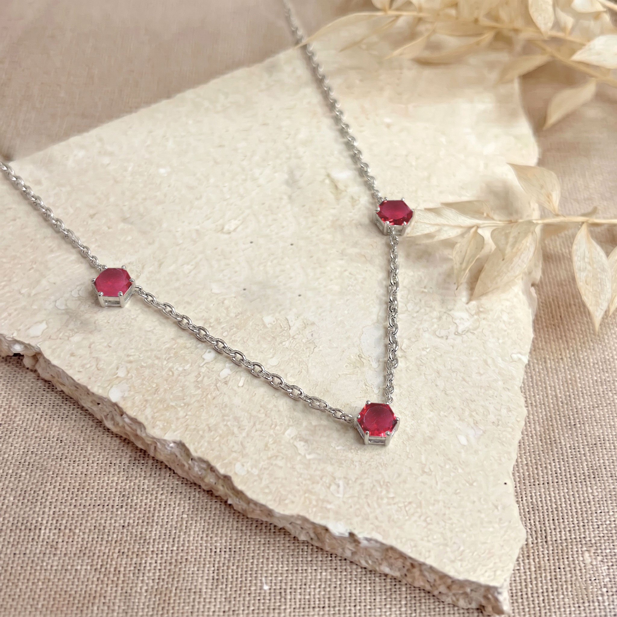 Yellow gold filled pink tourmaline three stone necklace with luxury gemstone settings
