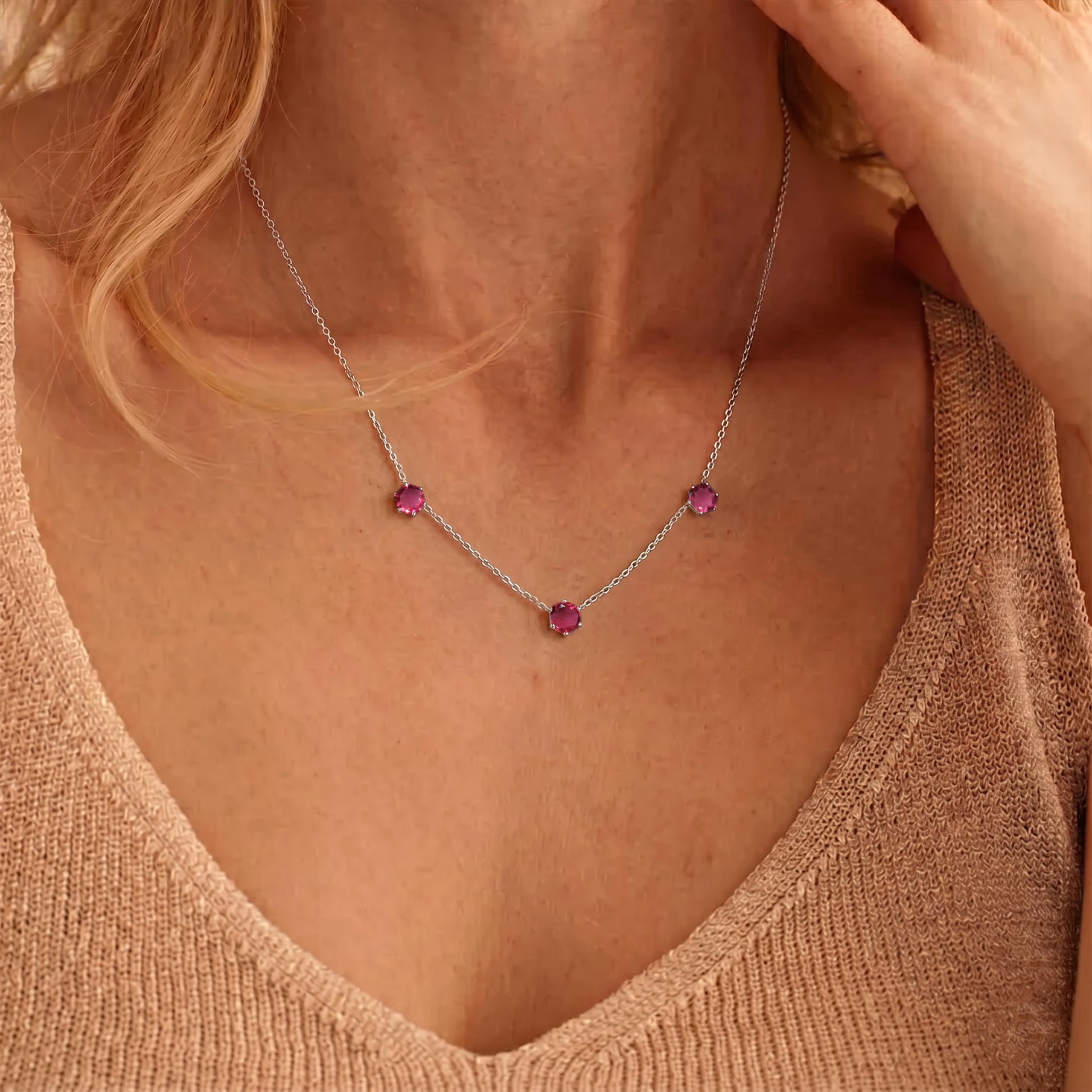 October birthstone pink tourmaline necklace crafted in 925 sterling silver jewelry style

