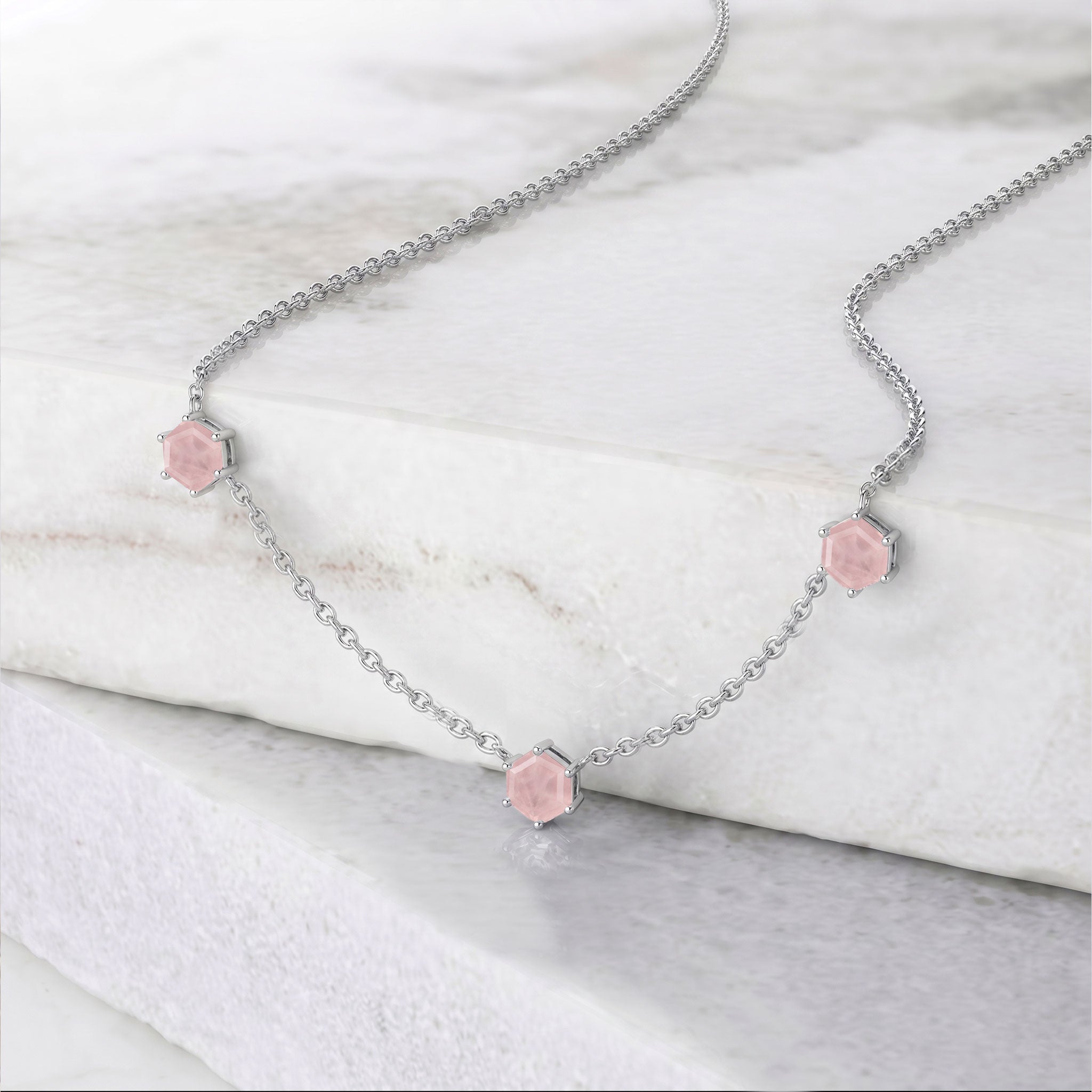 Three stone rose quartz necklace with 6mm hexagon cut stones and extender chain
