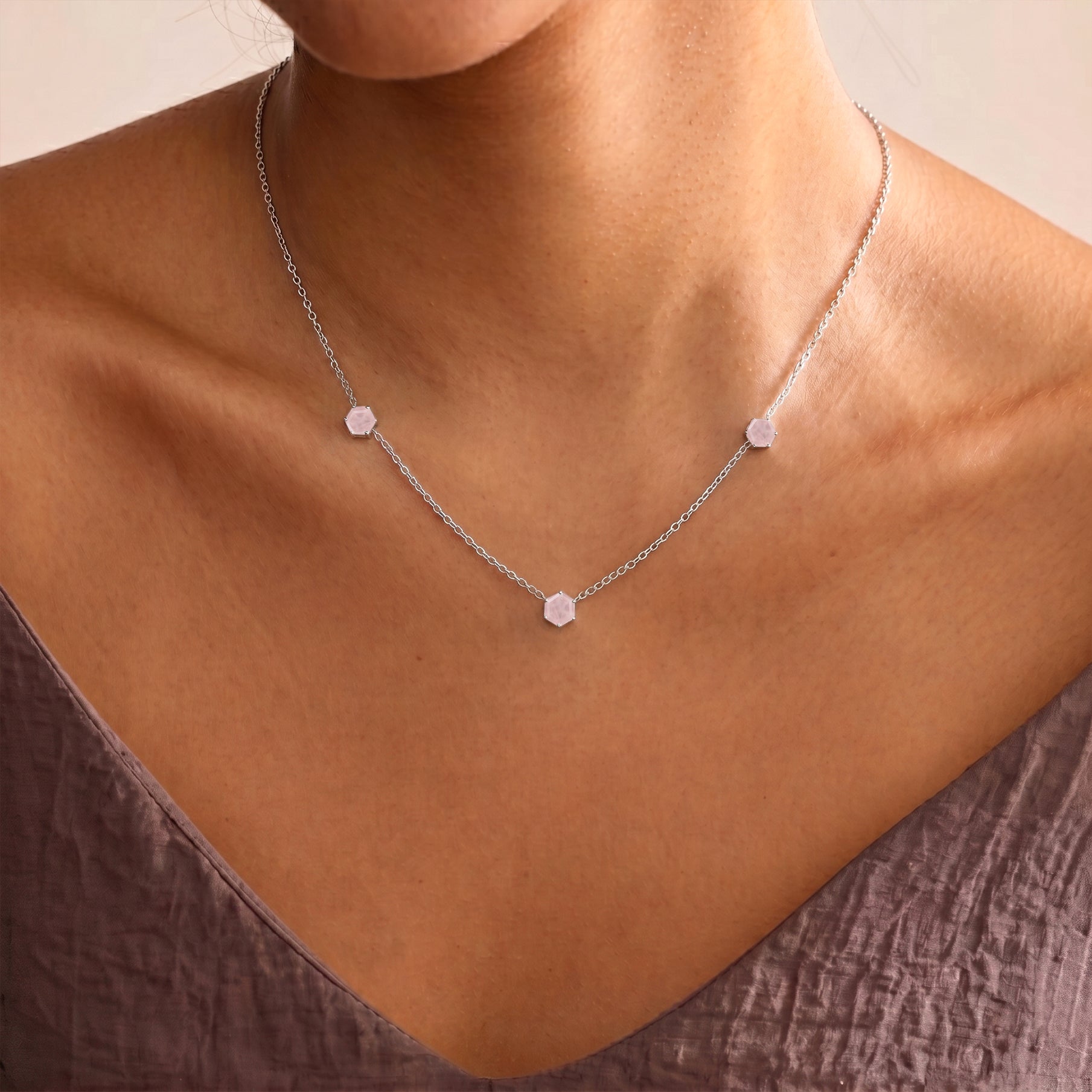 Natural rose quartz gemstone necklace crafted in 925 sterling silver jewelry style
