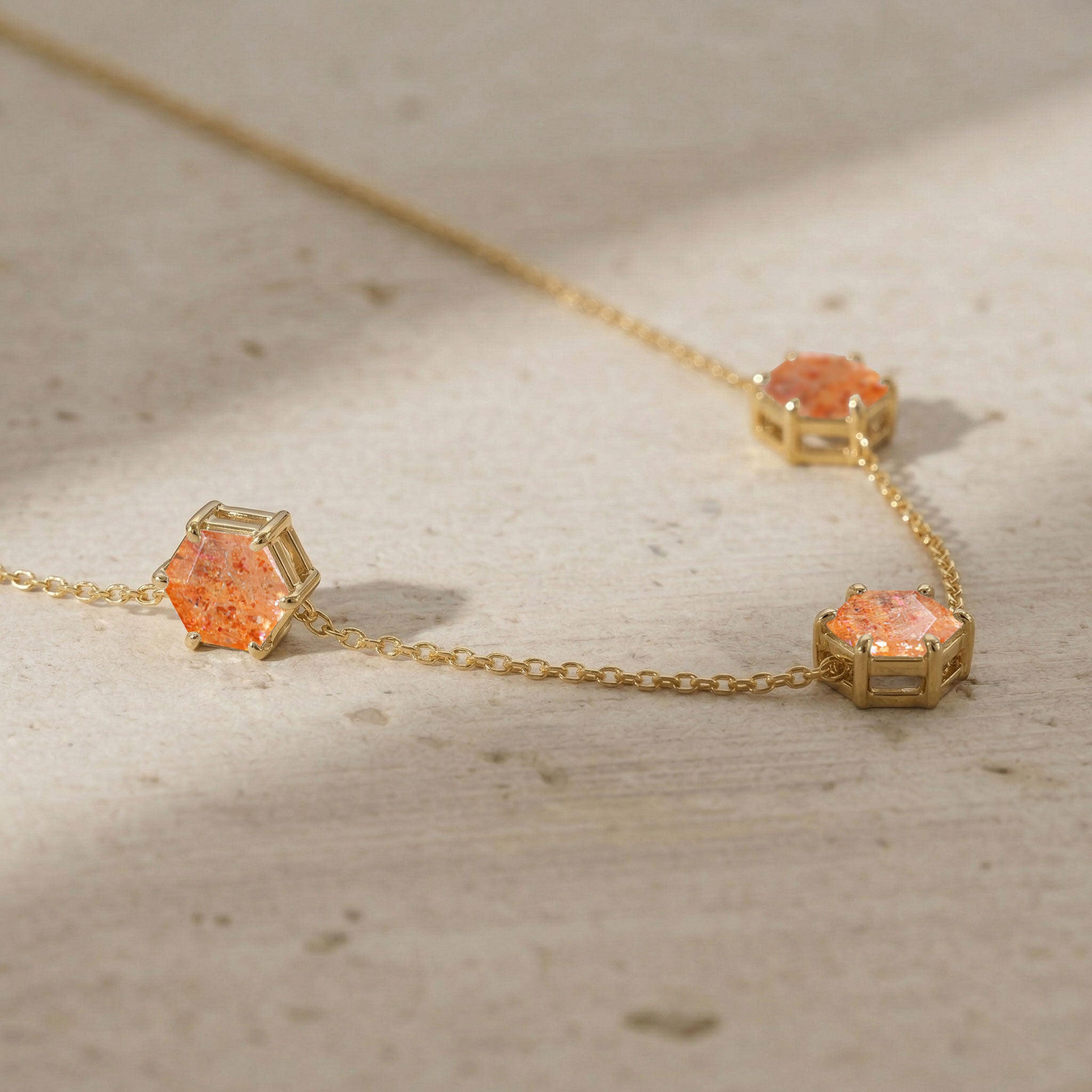 Yellow gold filled sunstone three stone necklace with luxury gemstone settings
