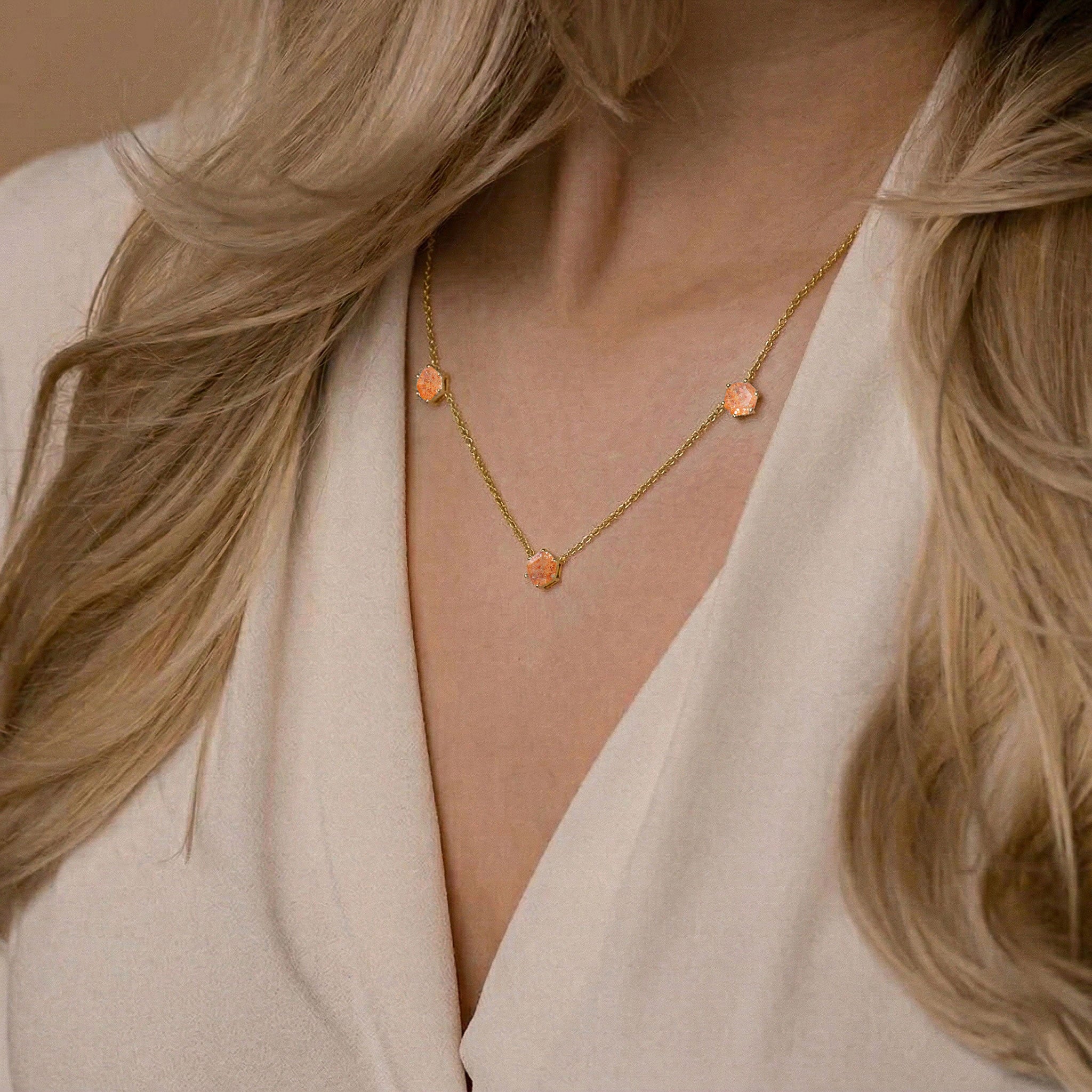 Elegant natural sunstone necklace with orange gemstone design for women
