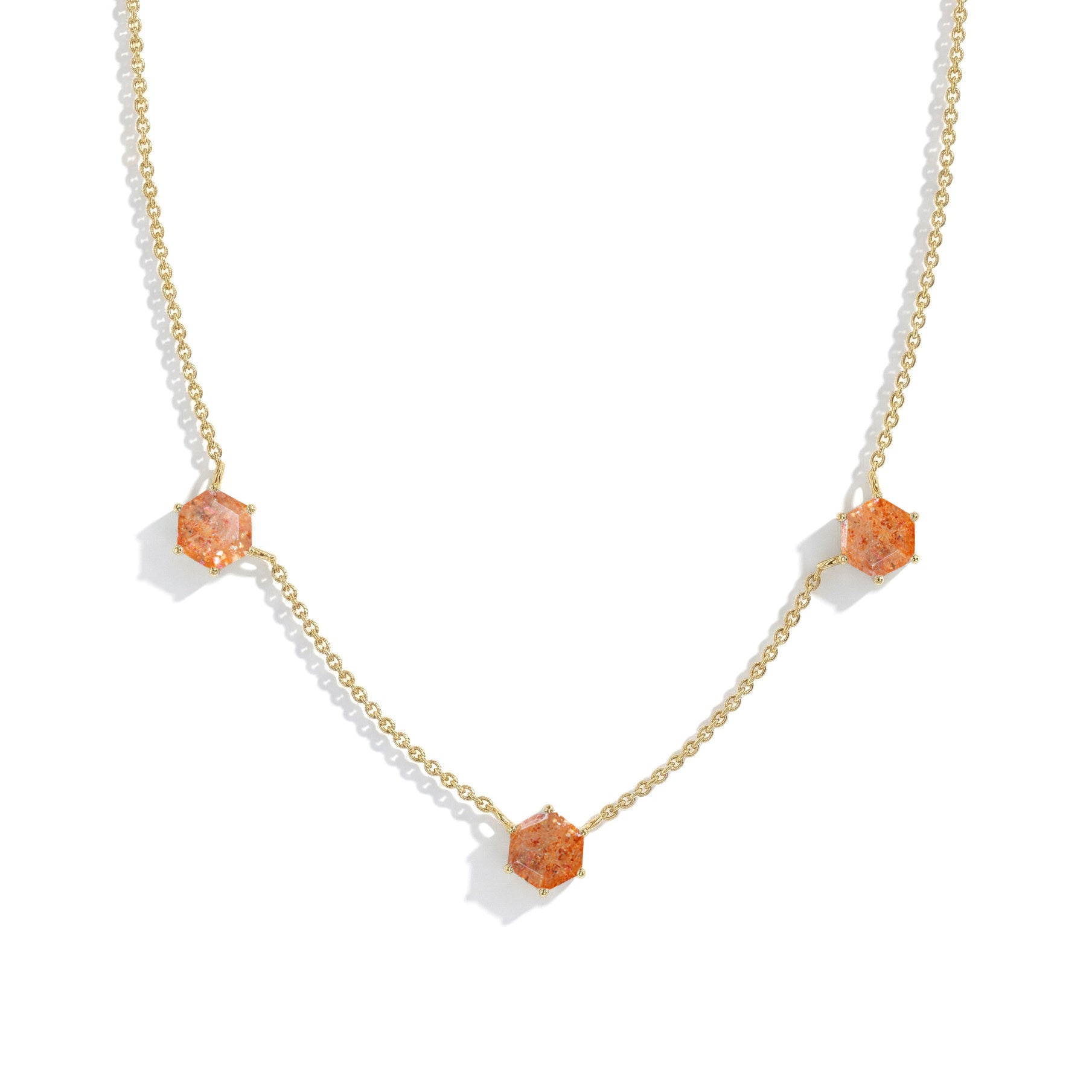 Minimalist three stone sunstone necklace with 16 inch chain and 2 inch extender
