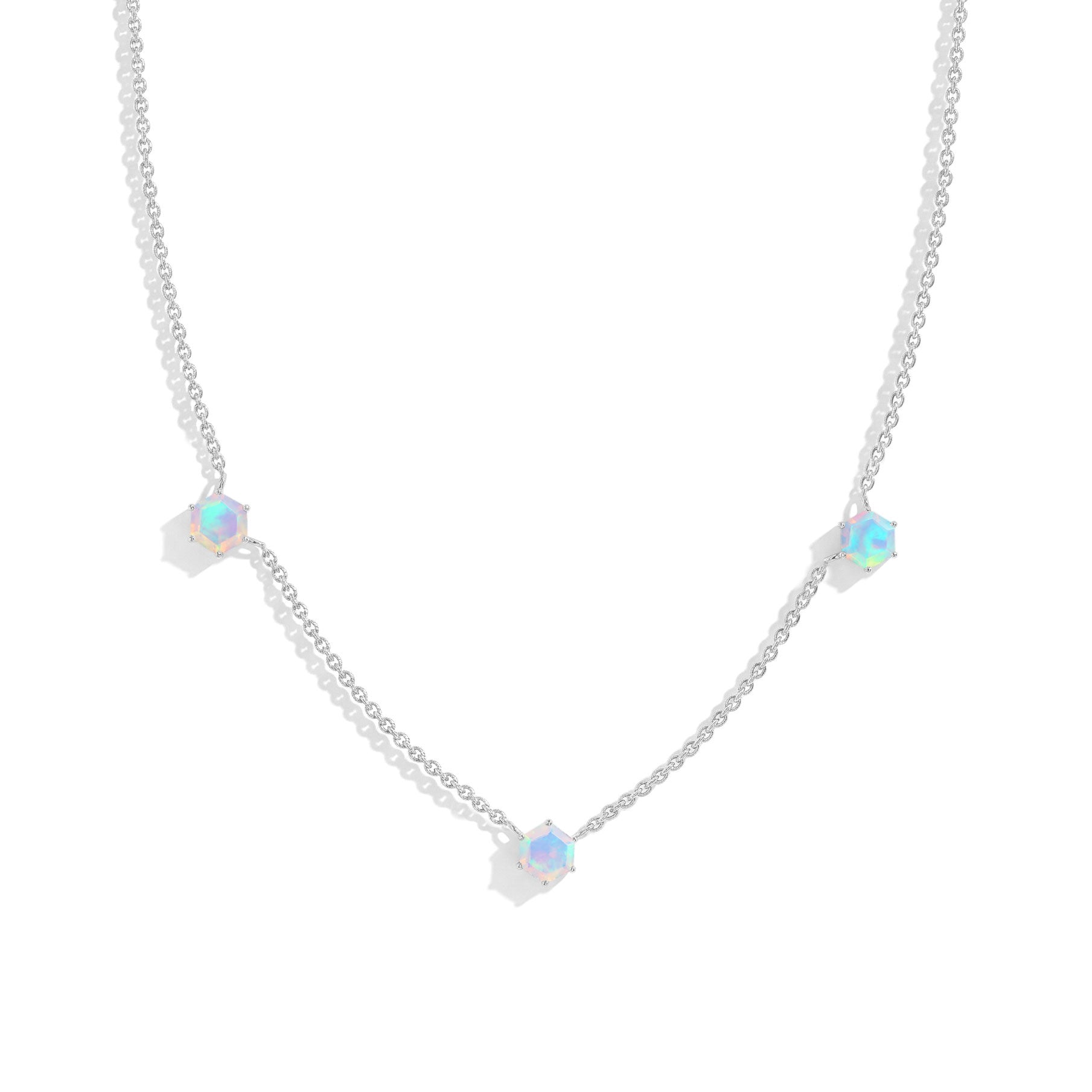"Three stone White Opal station necklace with 925 sterling silver yellow gold filled finish.
