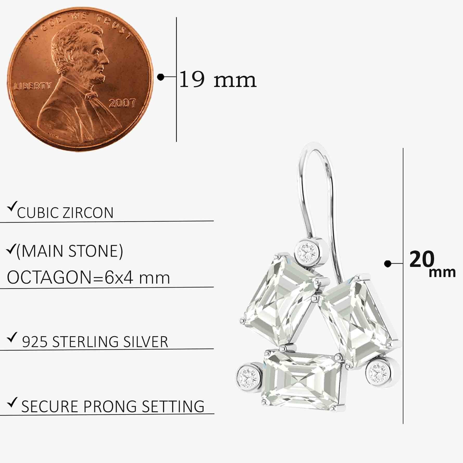 White CZ Octogon Stone Dangle Earrings