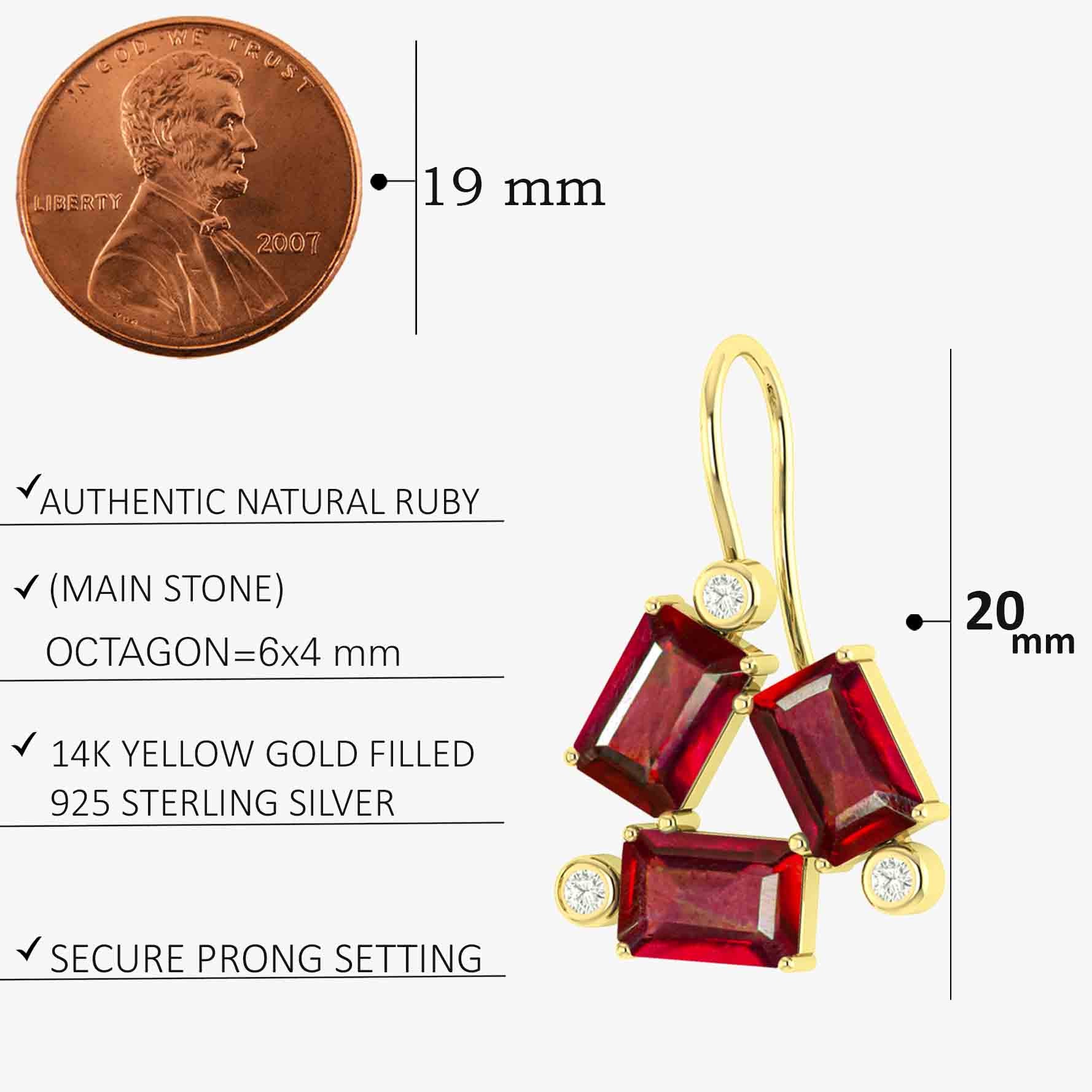 Natural Red Ruby Octogon Stone Dangle Earrings