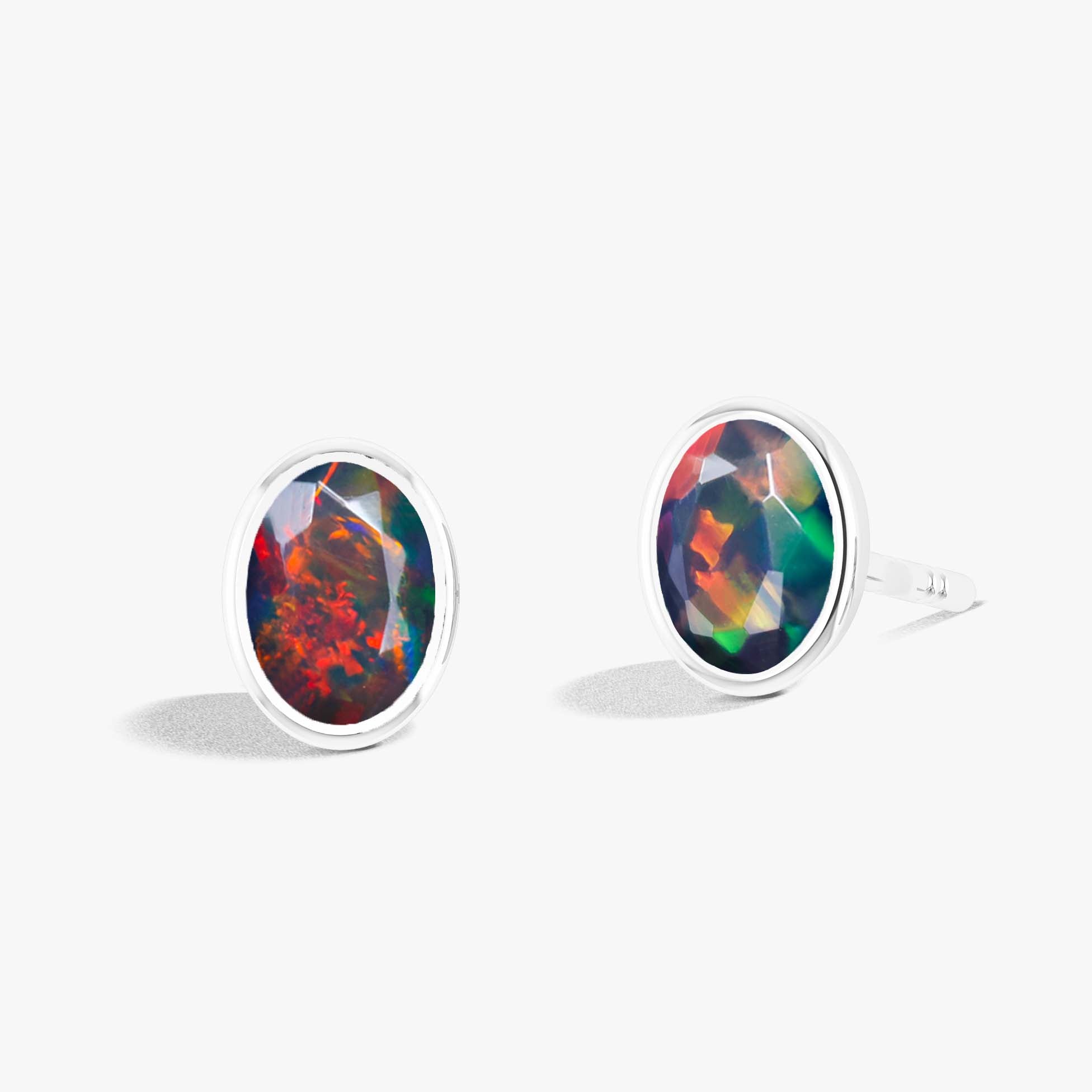 Black Multi Fire Oval Opal Stud Earring