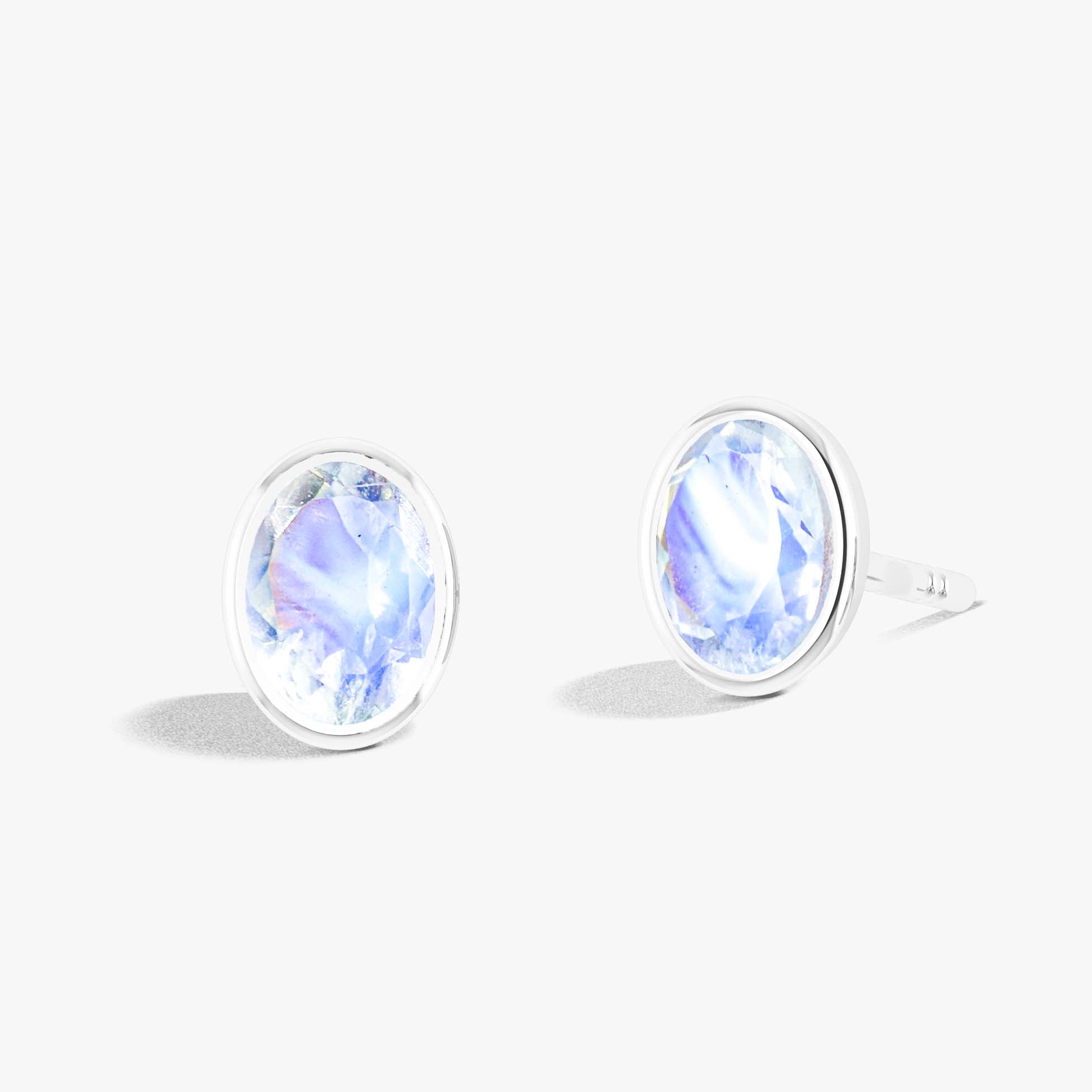 Rainbow Moonstone Oval Gemstone Stud Earring