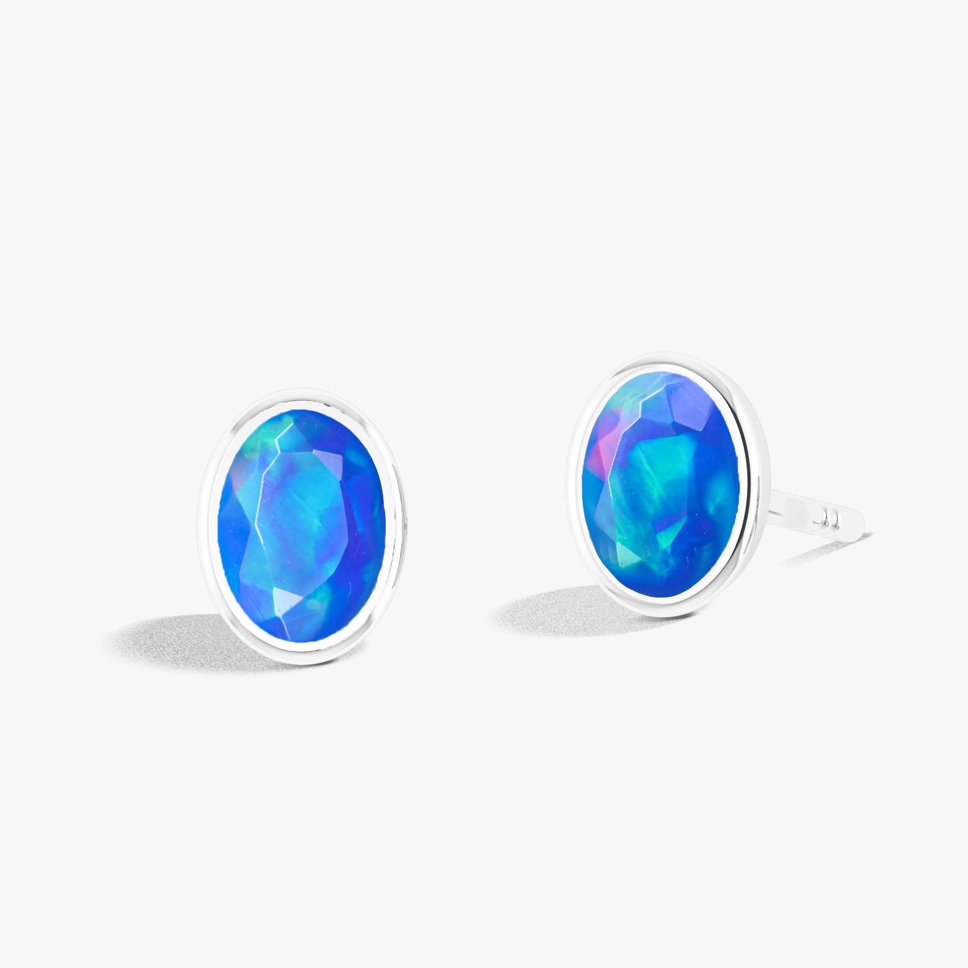 Blue Multi Fire Oval Opal Stud Earring