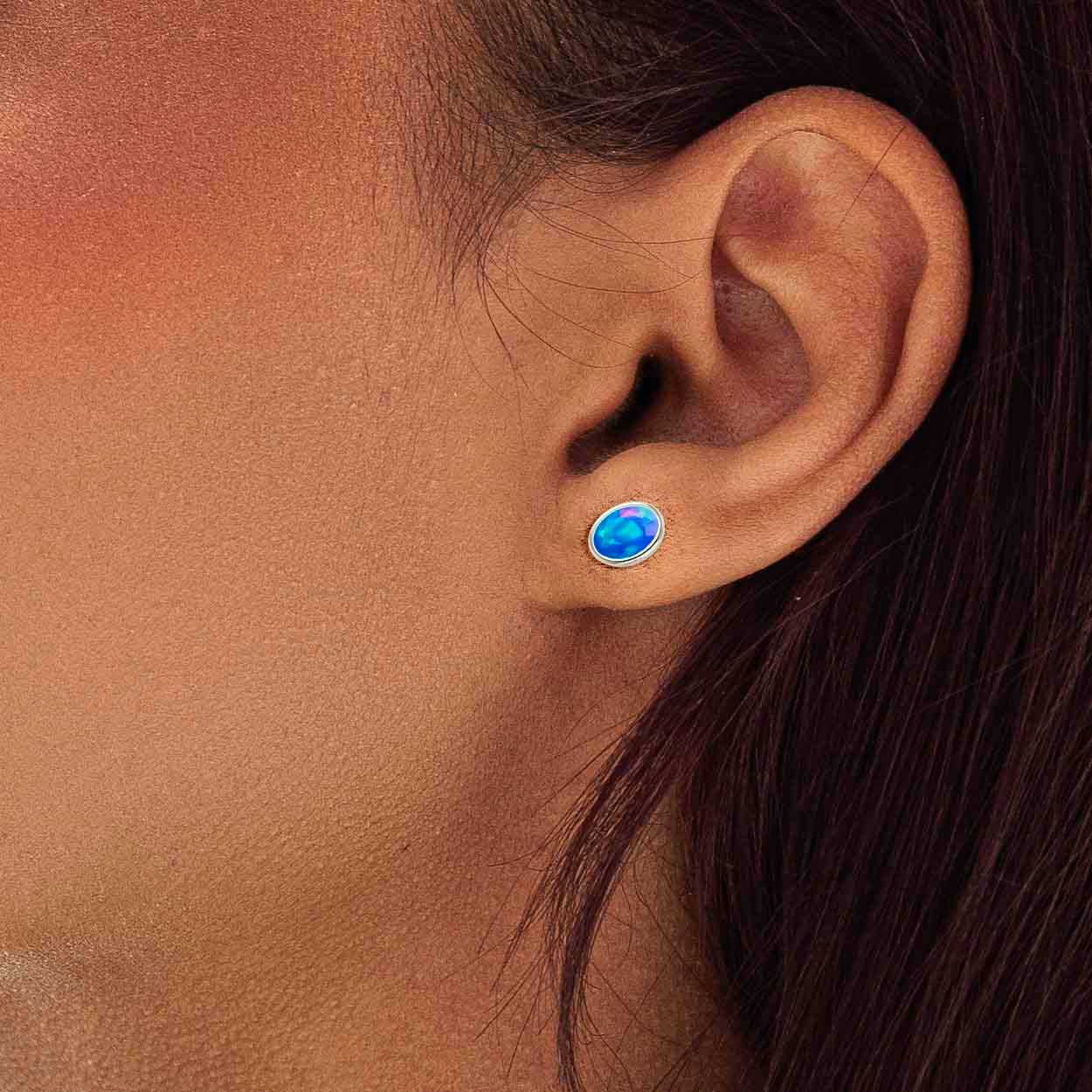 Blue Multi Fire Oval Opal Stud Earring