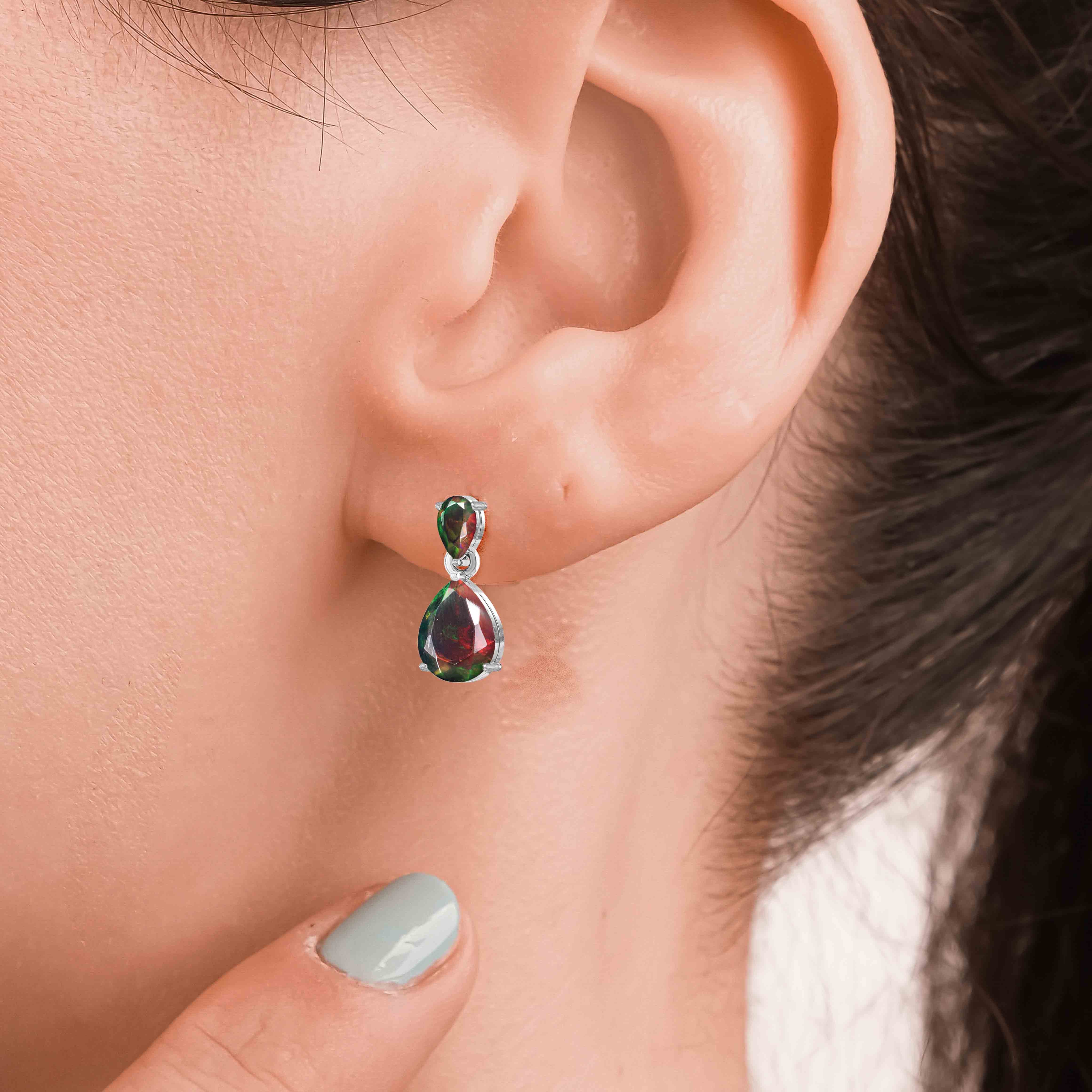 Black Dual Opal Pear Drop Stud Earrings