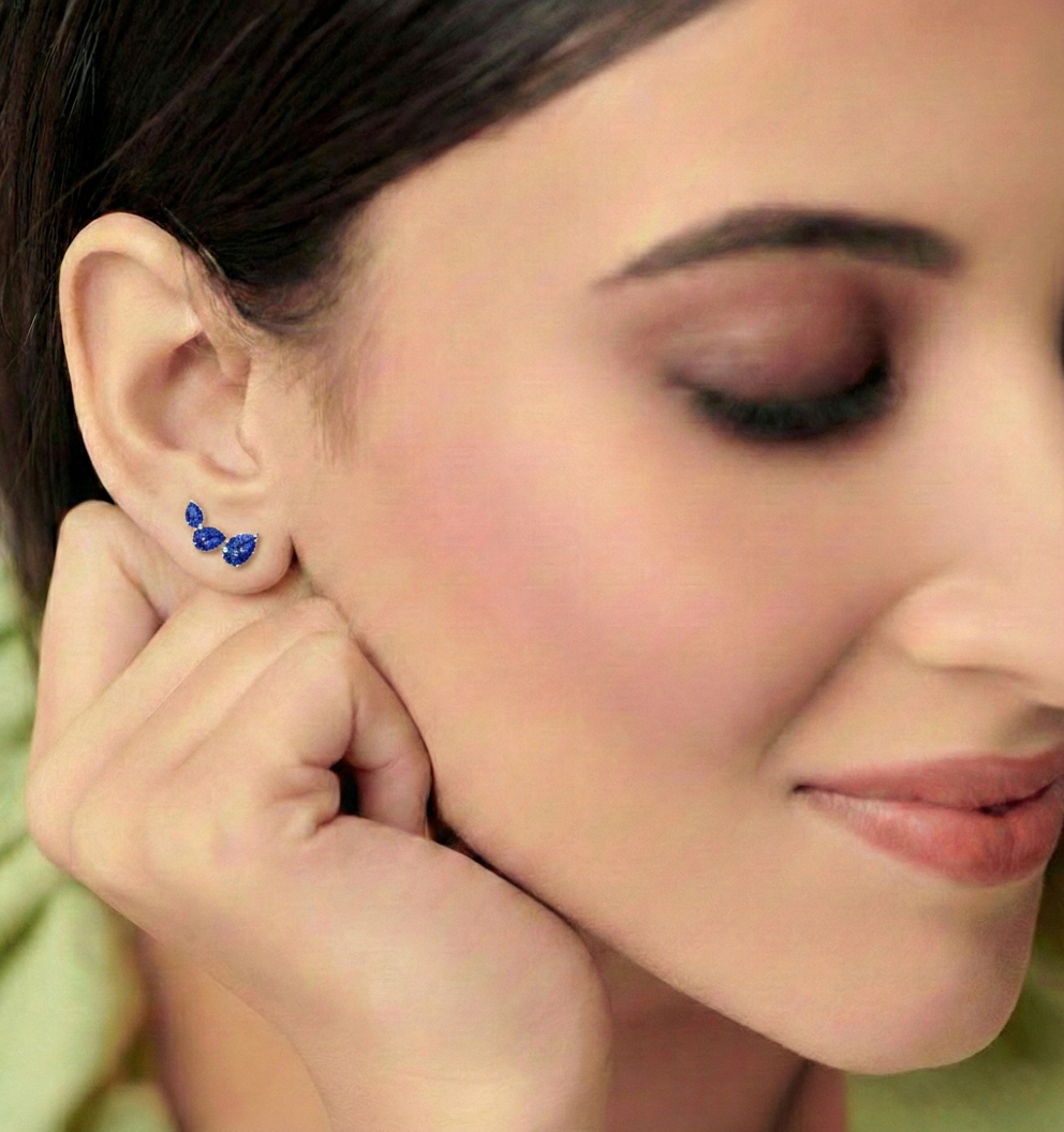 Blue Sapphire Pear Stud Earrings in Yellow Gold Plated 3.30ct