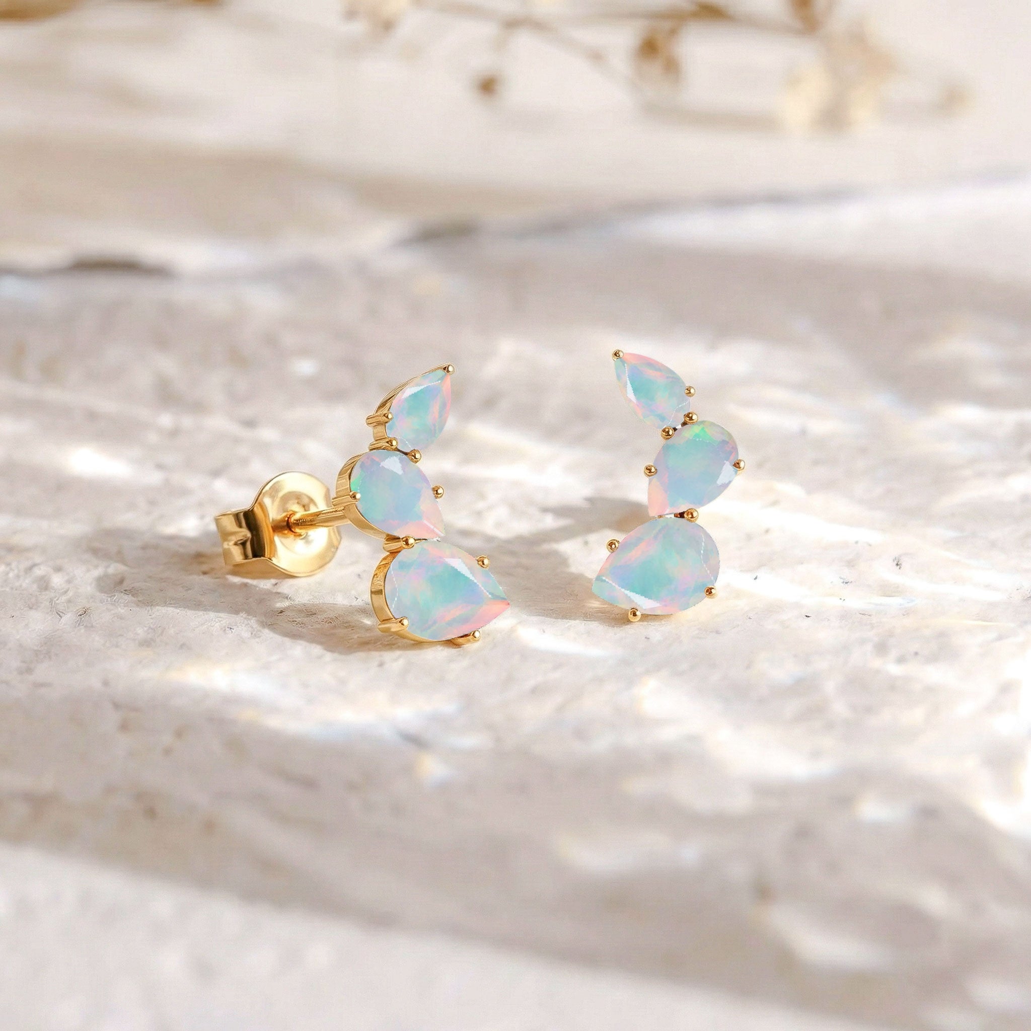 White Opal Pear Stud Earrings in Yellow Gold Plated 3.30ct