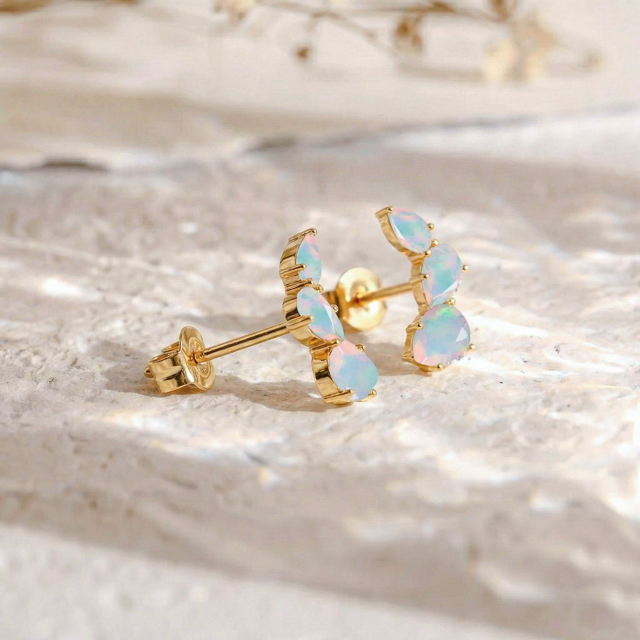 White Opal Pear Stud Earrings in Yellow Gold Plated 3.30ct