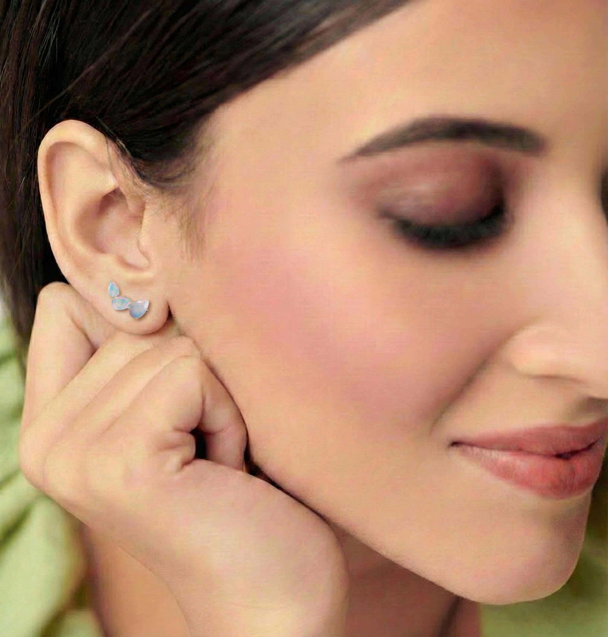 White Opal Pear Stud Earrings in Yellow Gold Plated 3.30ct