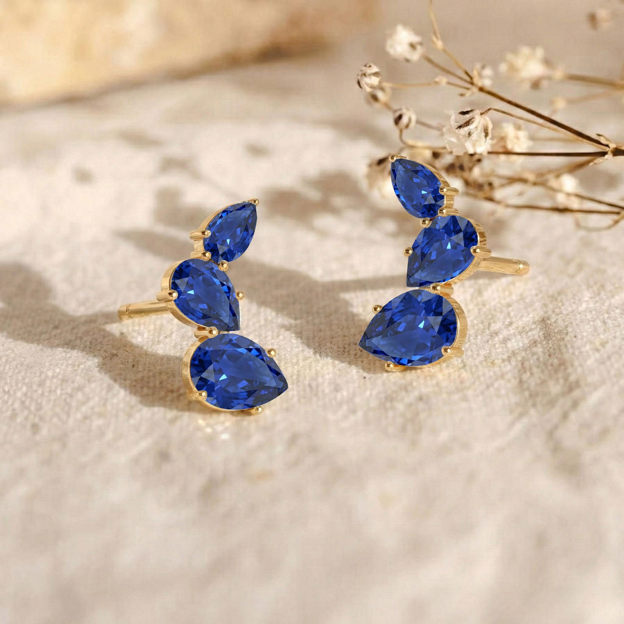 Blue Sapphire Pear Stud Earrings in Yellow Gold Plated 3.30ct