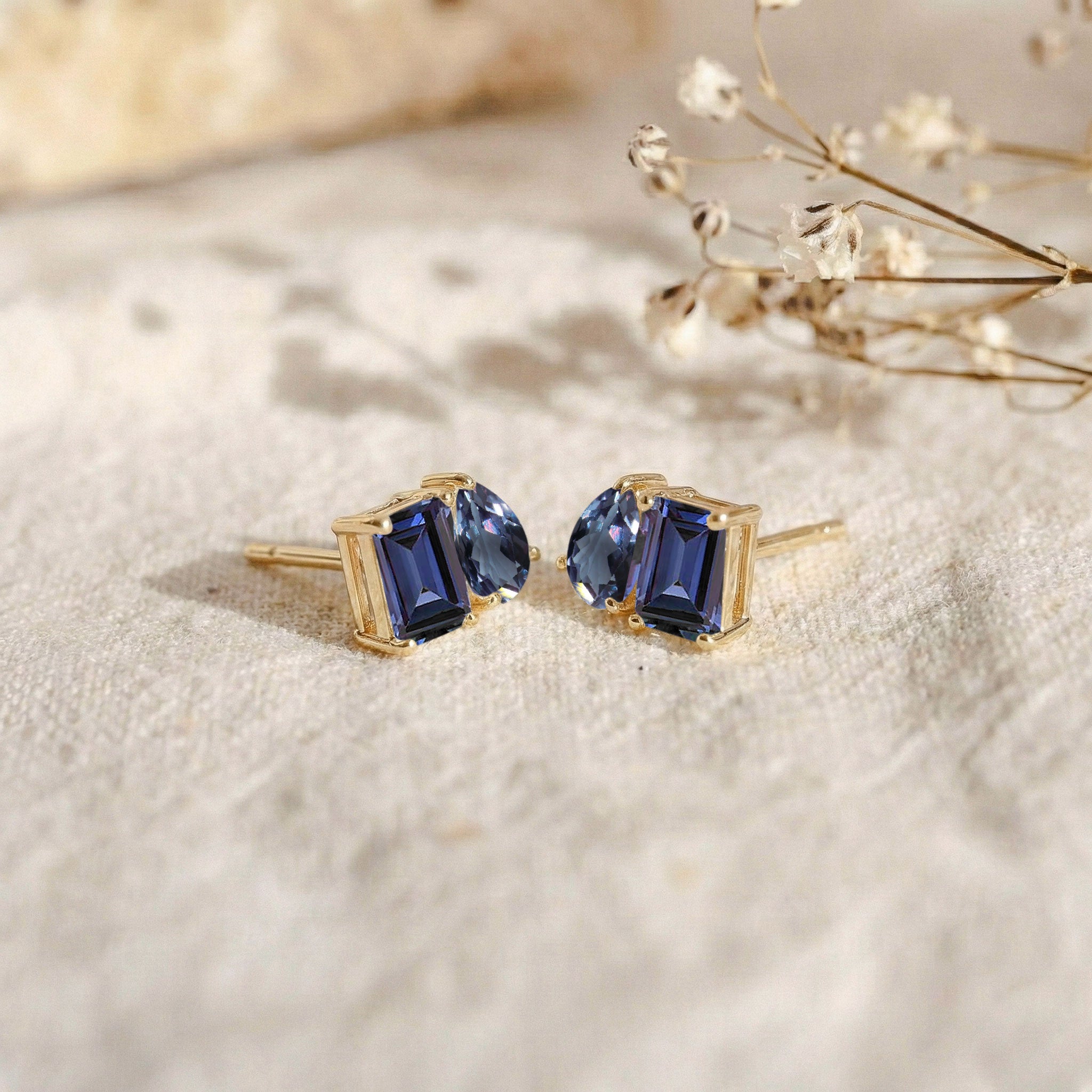 Alexandrite Pear and Octagon Stud Earrings in 925 Sterling Silver 6*4MM 2ct