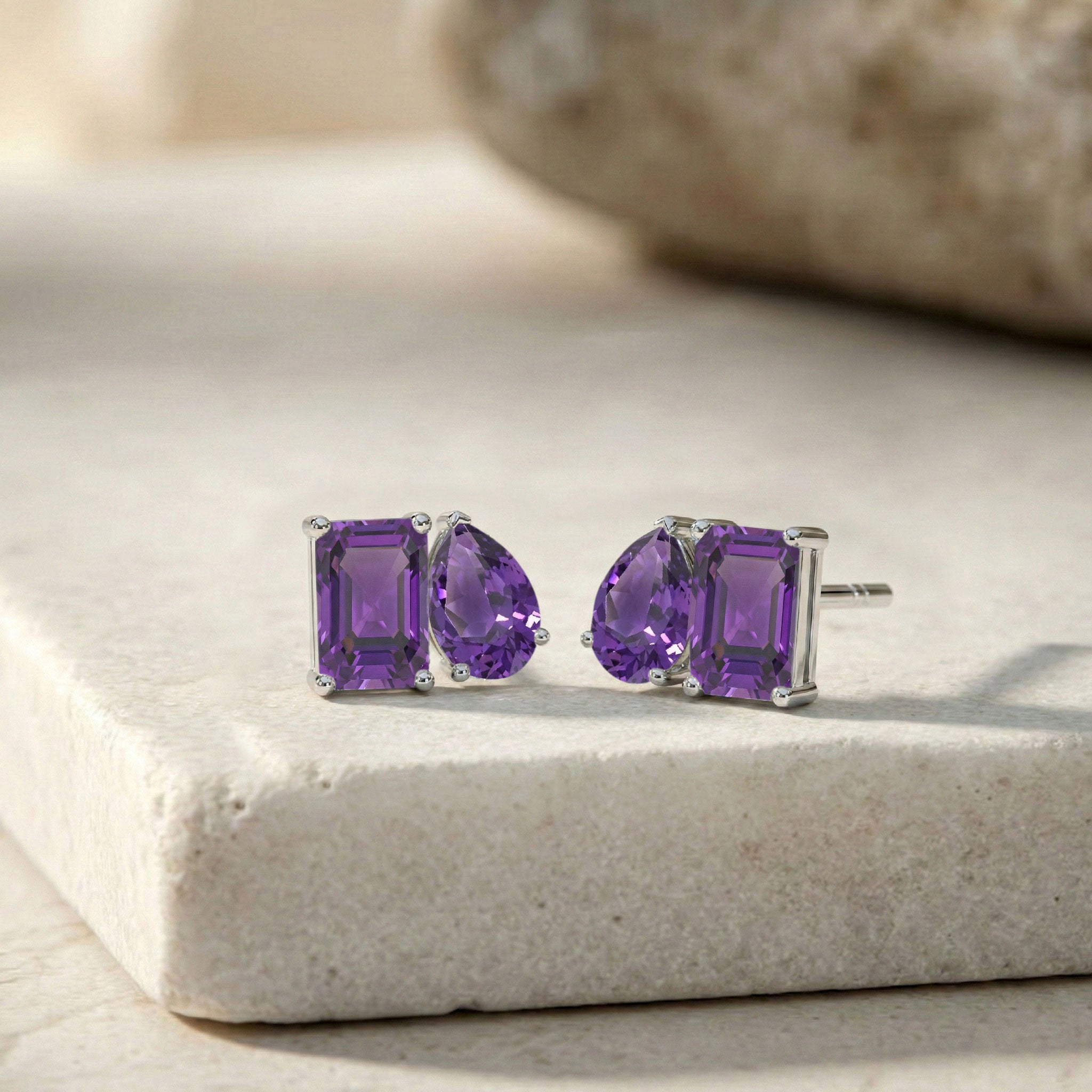 Amethyst Pear and Octagon Stud Earrings in 925 Sterling Silver 6*4MM 2ct
