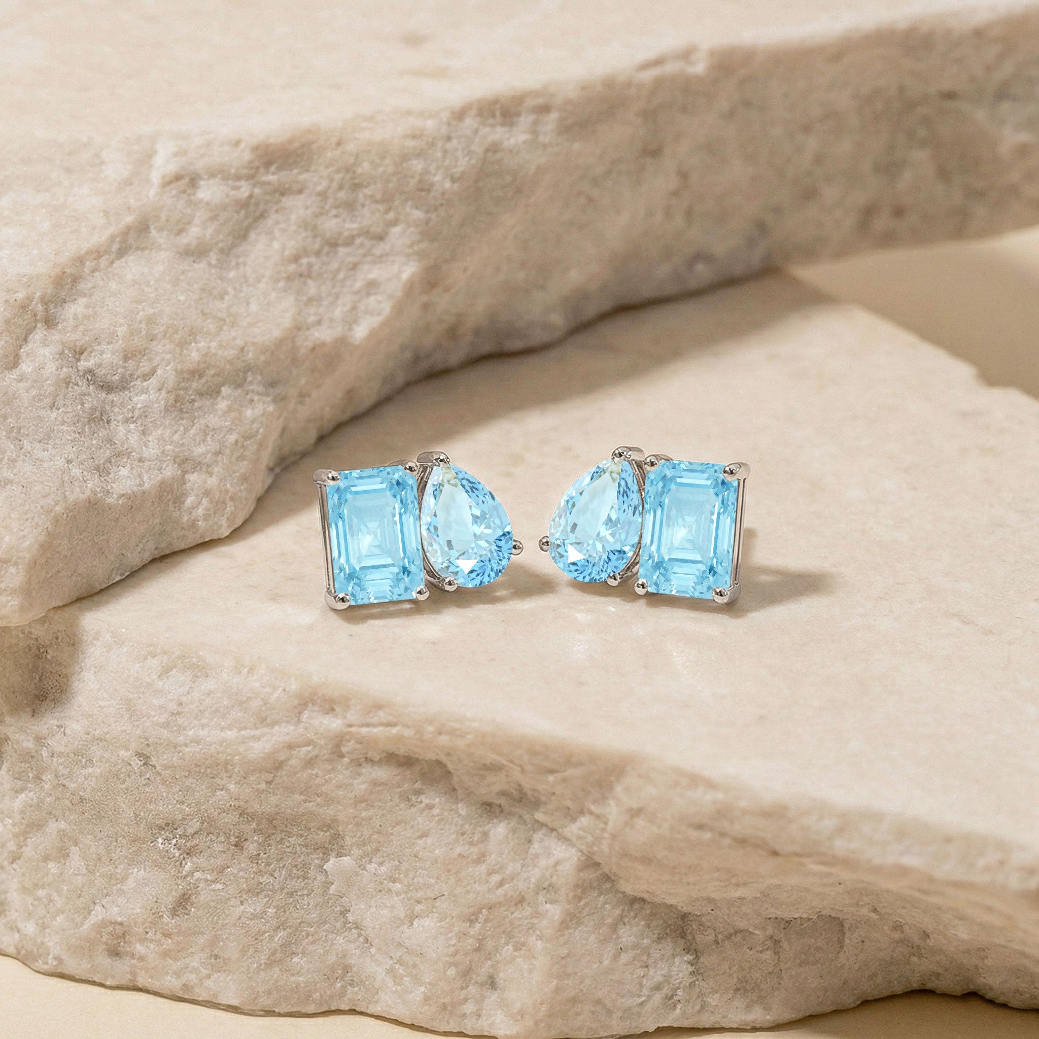 Aquamarine Pear and Octagon Stud Earrings in 925 Sterling Silver 6*4MM 2ct