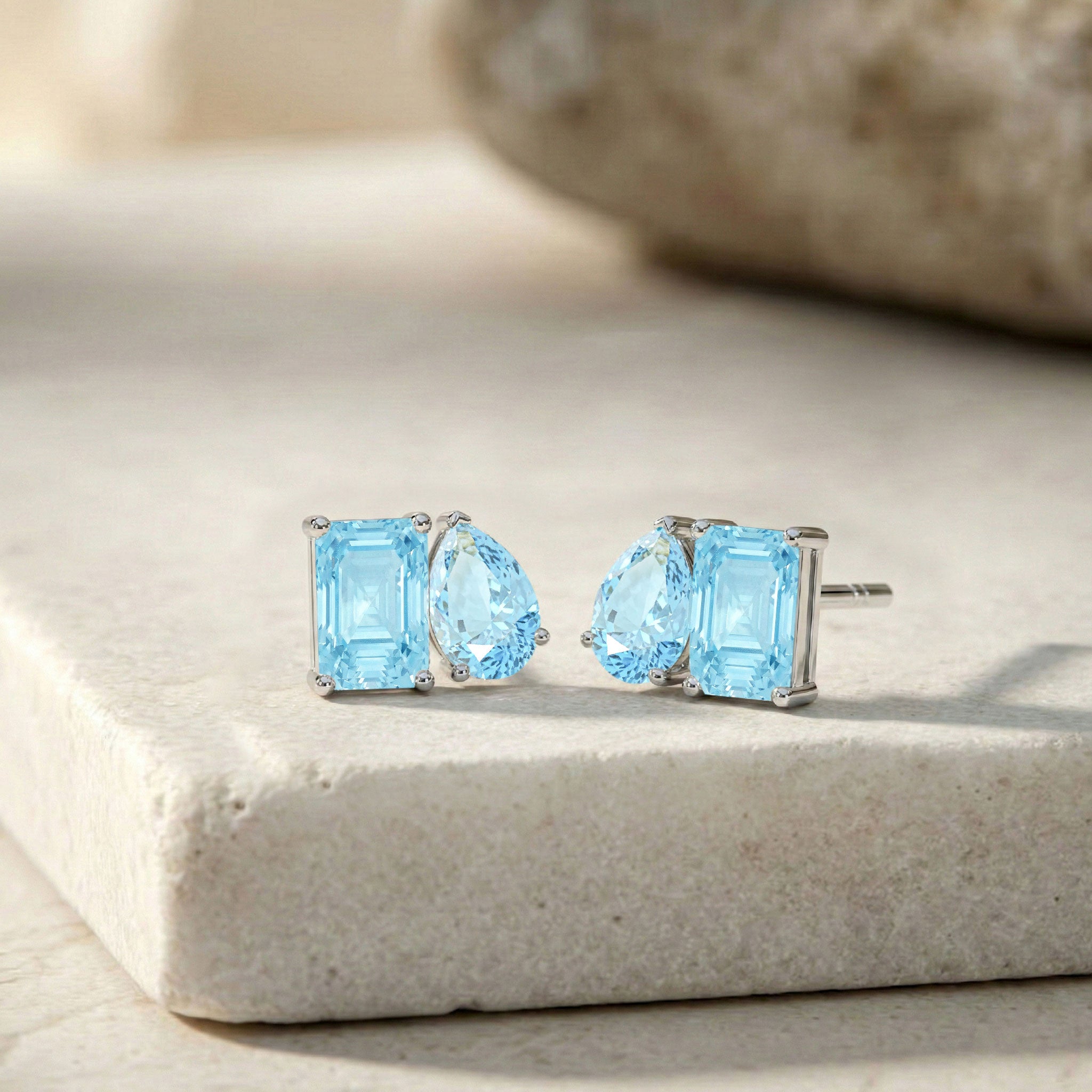 Aquamarine Pear and Octagon Stud Earrings in 925 Sterling Silver 6*4MM 2ct