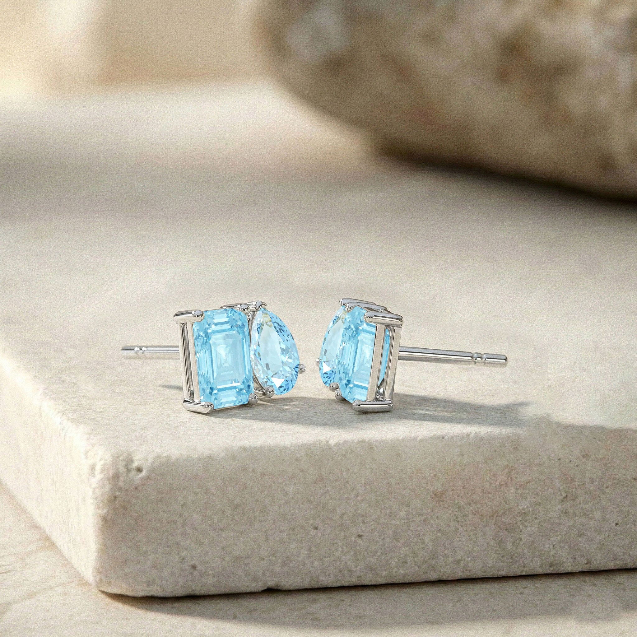 Aquamarine Pear and Octagon Stud Earrings in 925 Sterling Silver 6*4MM 2ct