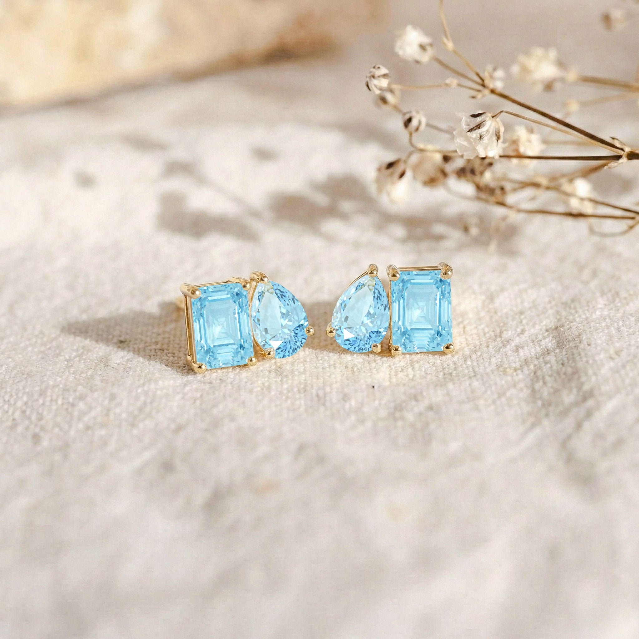 Aquamarine Pear and Octagon Stud Earrings in 925 Sterling Silver 6*4MM 2ct