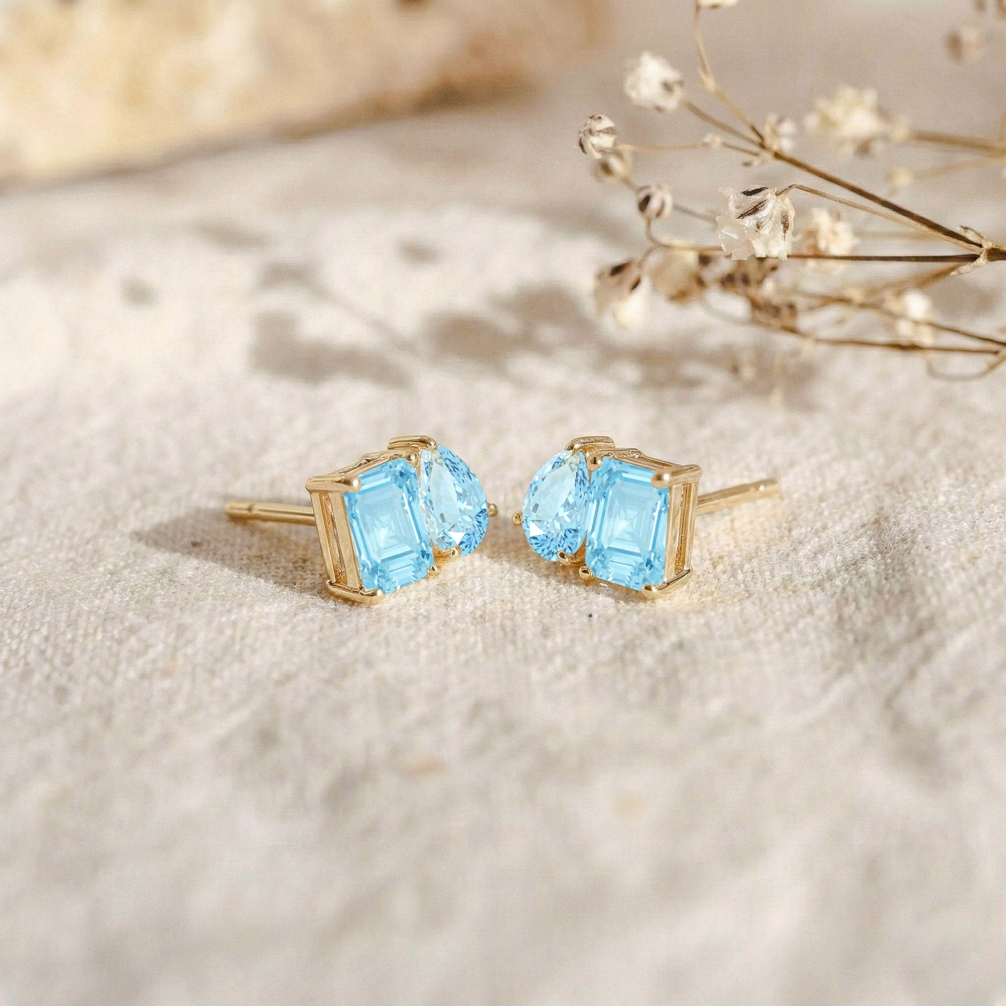 Aquamarine Pear and Octagon Stud Earrings in 925 Sterling Silver 6*4MM 2ct