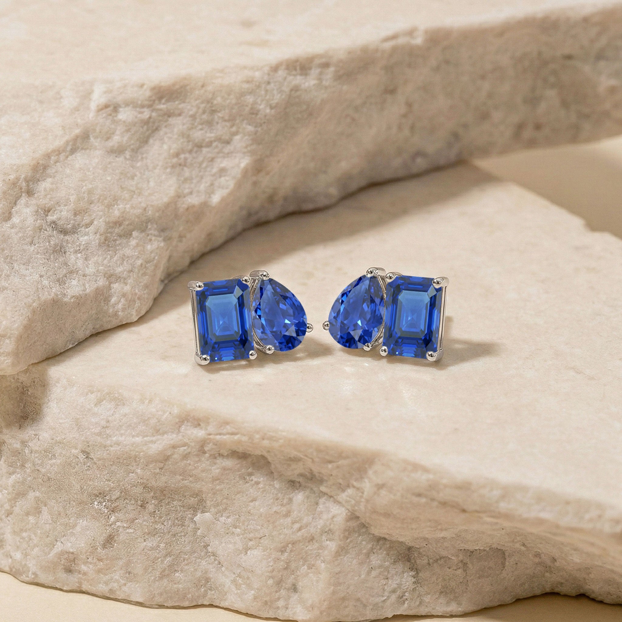 Blue Sapphire Pear and Octagon Stud Earrings in 925 Sterling Silver 6*4MM 2ct