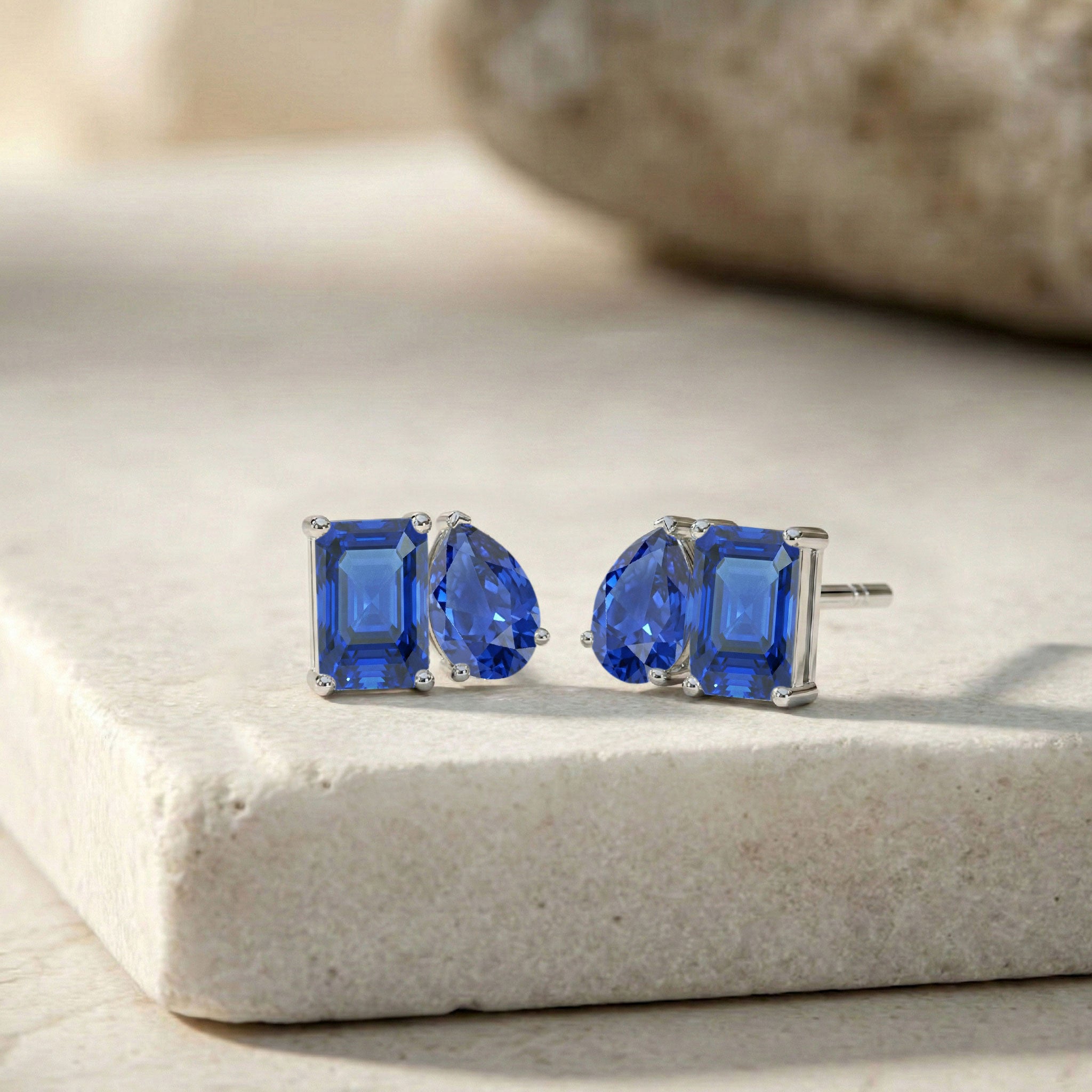 Blue Sapphire Pear and Octagon Stud Earrings in 925 Sterling Silver 6*4MM 2ct