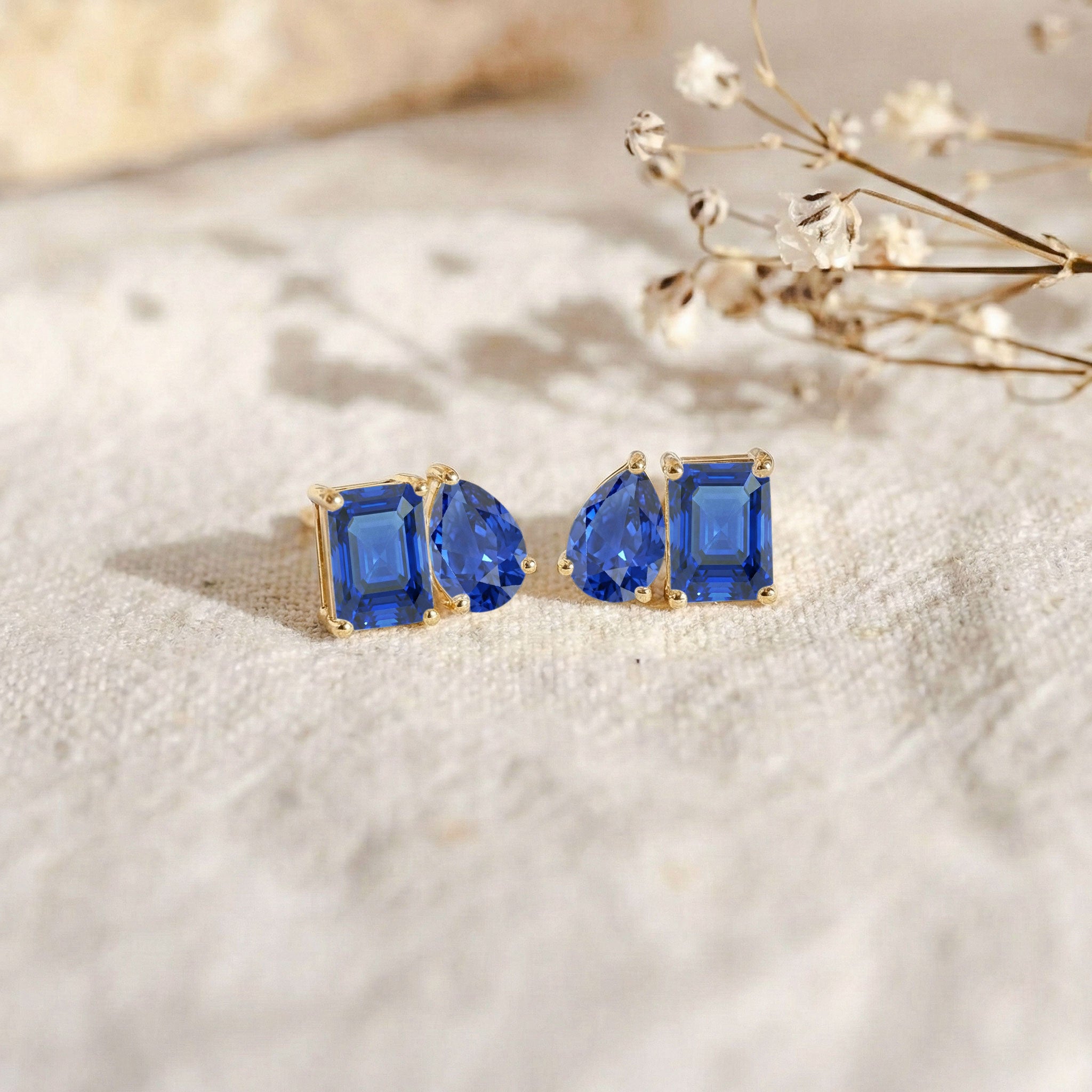 Blue Sapphire Pear and Octagon Stud Earrings in 925 Sterling Silver 6*4MM 2ct