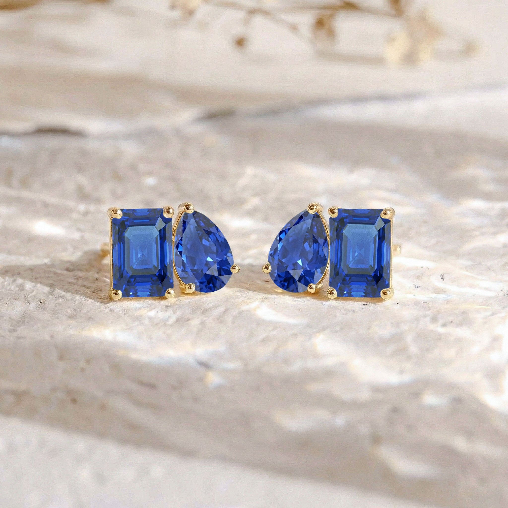 Blue Sapphire Pear and Octagon Stud Earrings in 925 Sterling Silver 6*4MM 2ct