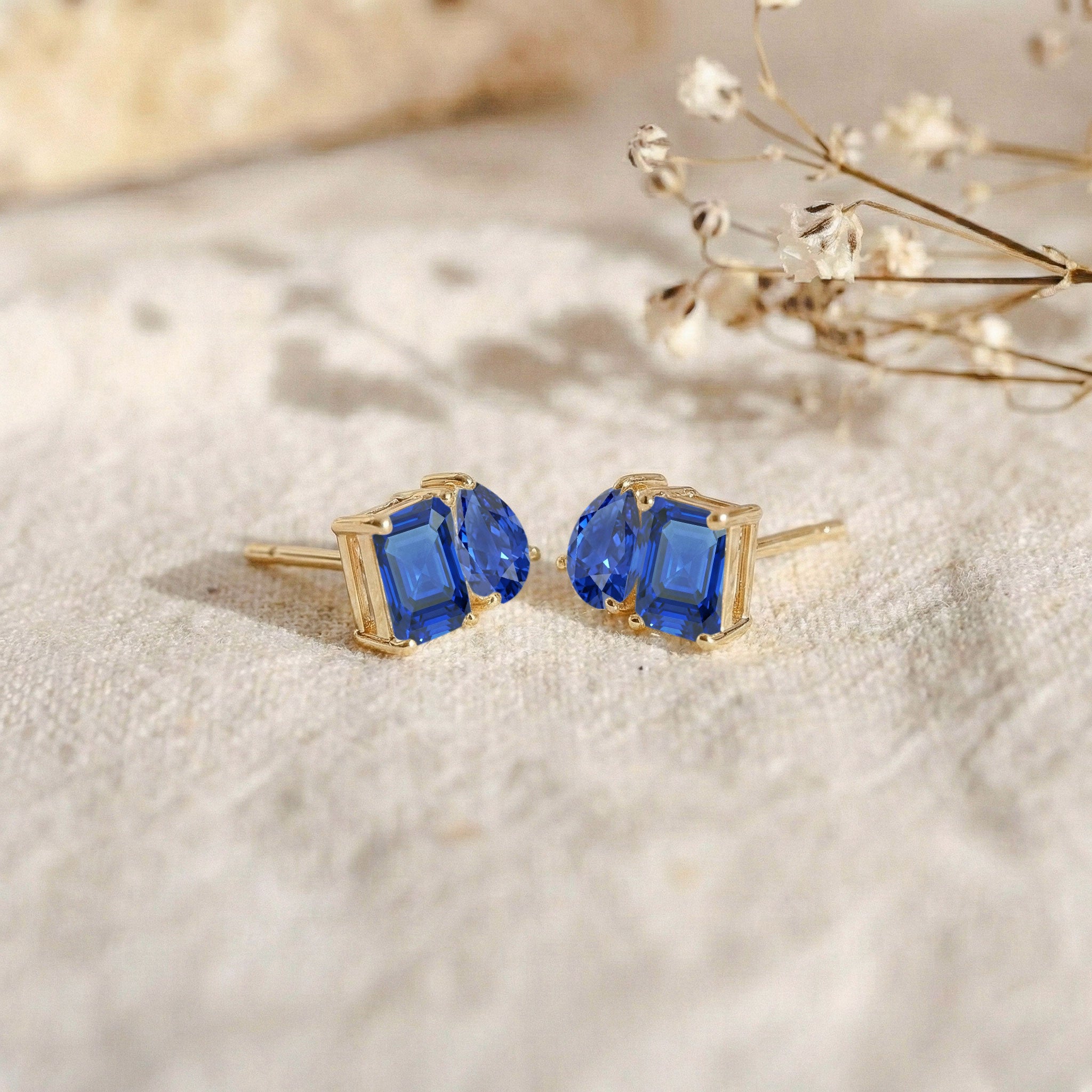 Blue Sapphire Pear and Octagon Stud Earrings in 925 Sterling Silver 6*4MM 2ct
