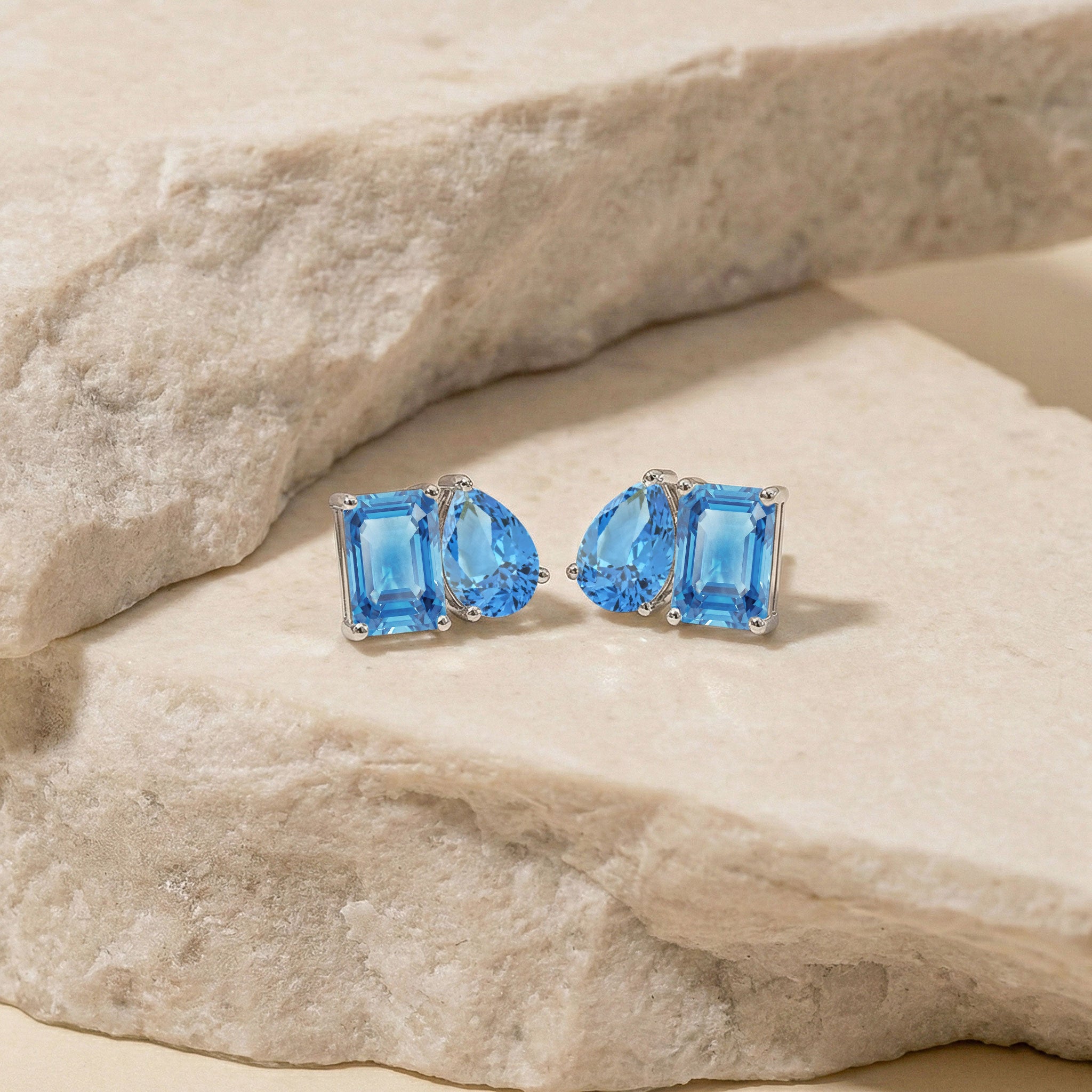 Blue Topaz Pear and Octagon Stud Earrings in 925 Sterling Silver 6*4MM 2ct