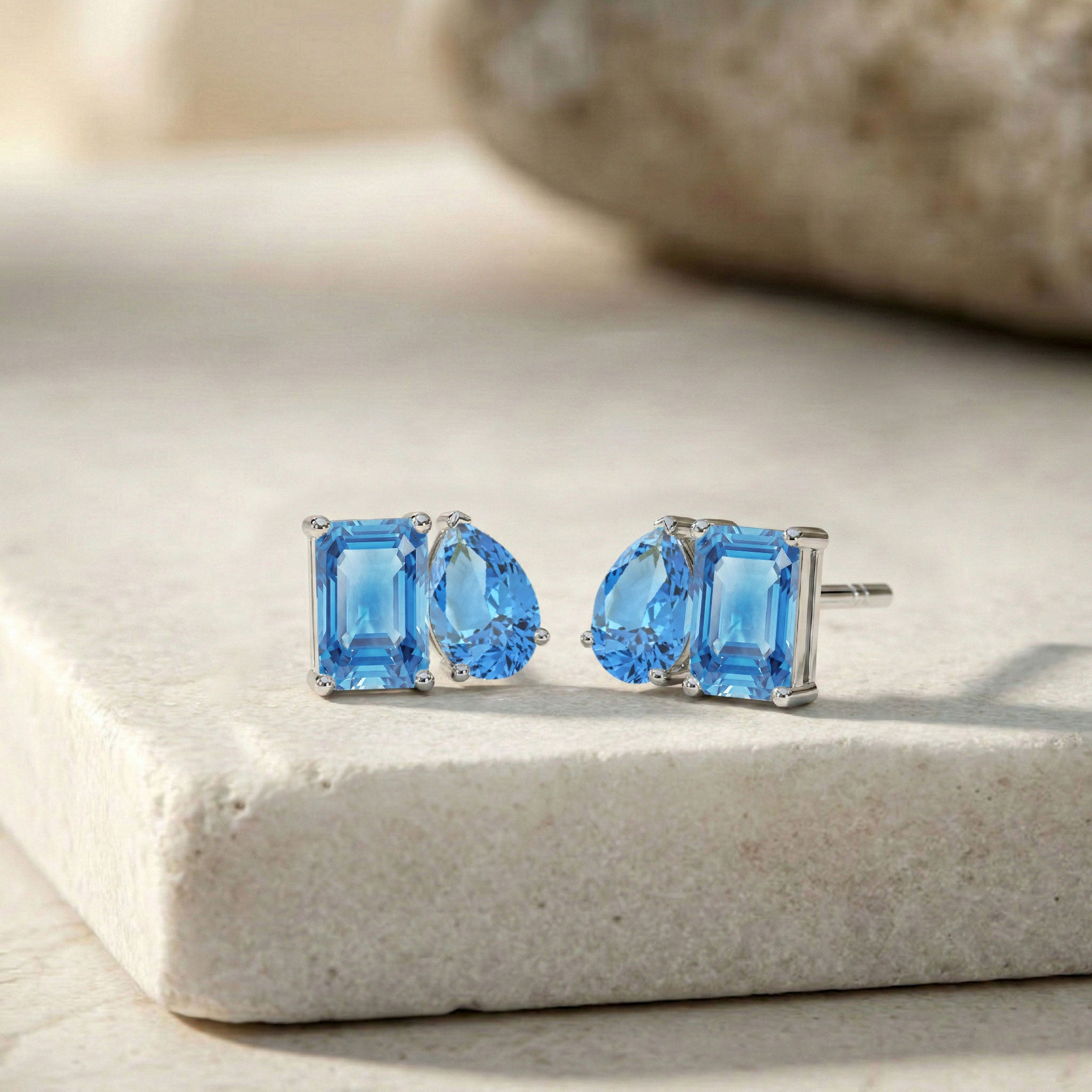 Blue Topaz Pear and Octagon Stud Earrings in 925 Sterling Silver 6*4MM 2ct