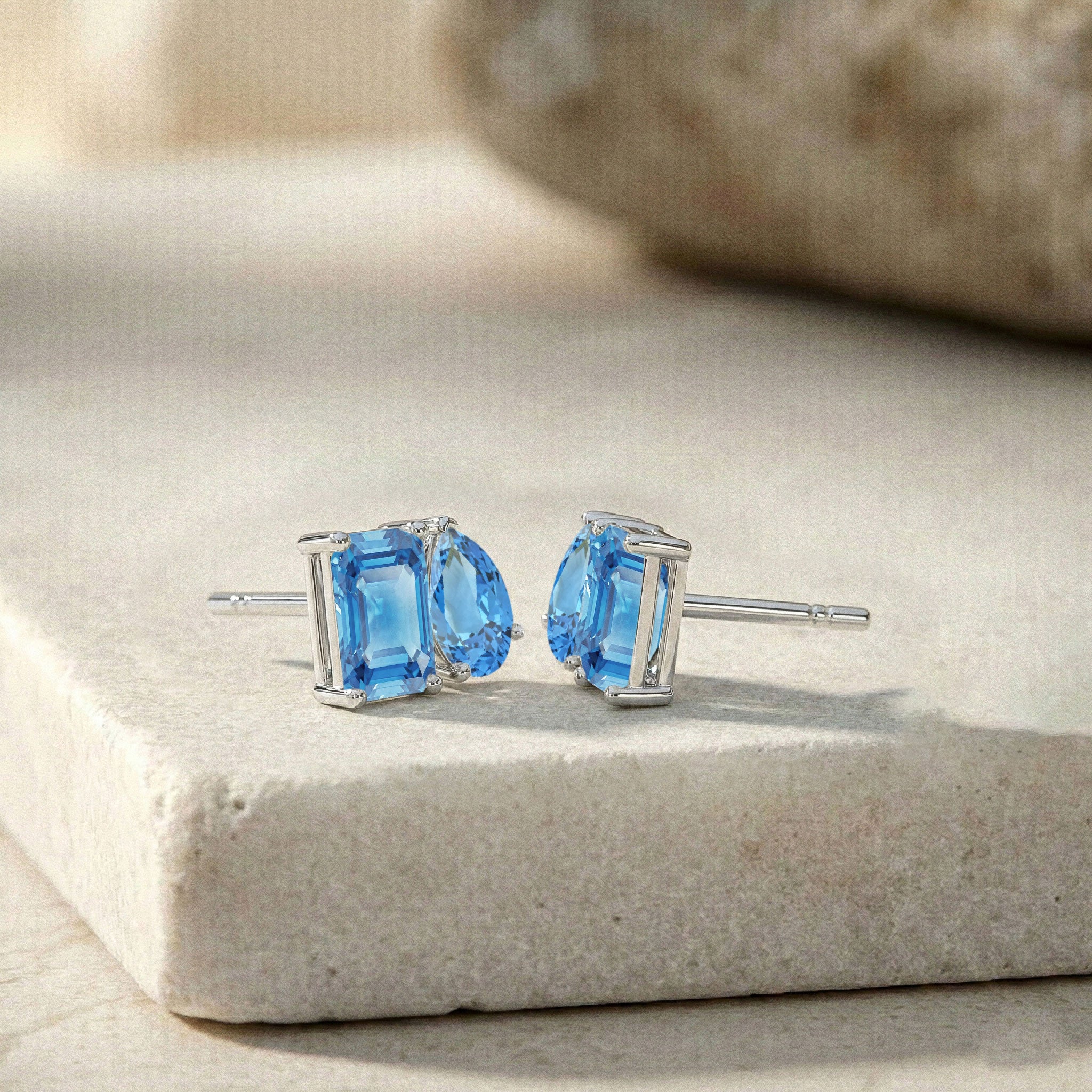 Blue Topaz Pear and Octagon Stud Earrings in 925 Sterling Silver 6*4MM 2ct