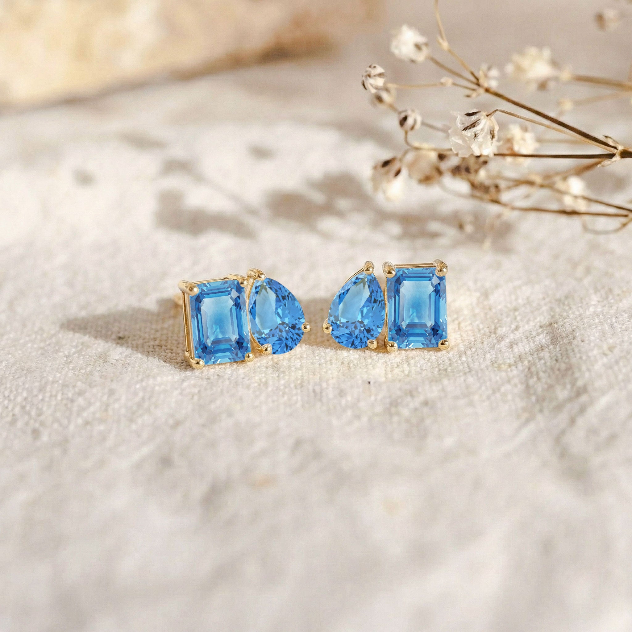 Blue Topaz Pear and Octagon Stud Earrings in 925 Sterling Silver 6*4MM 2ct