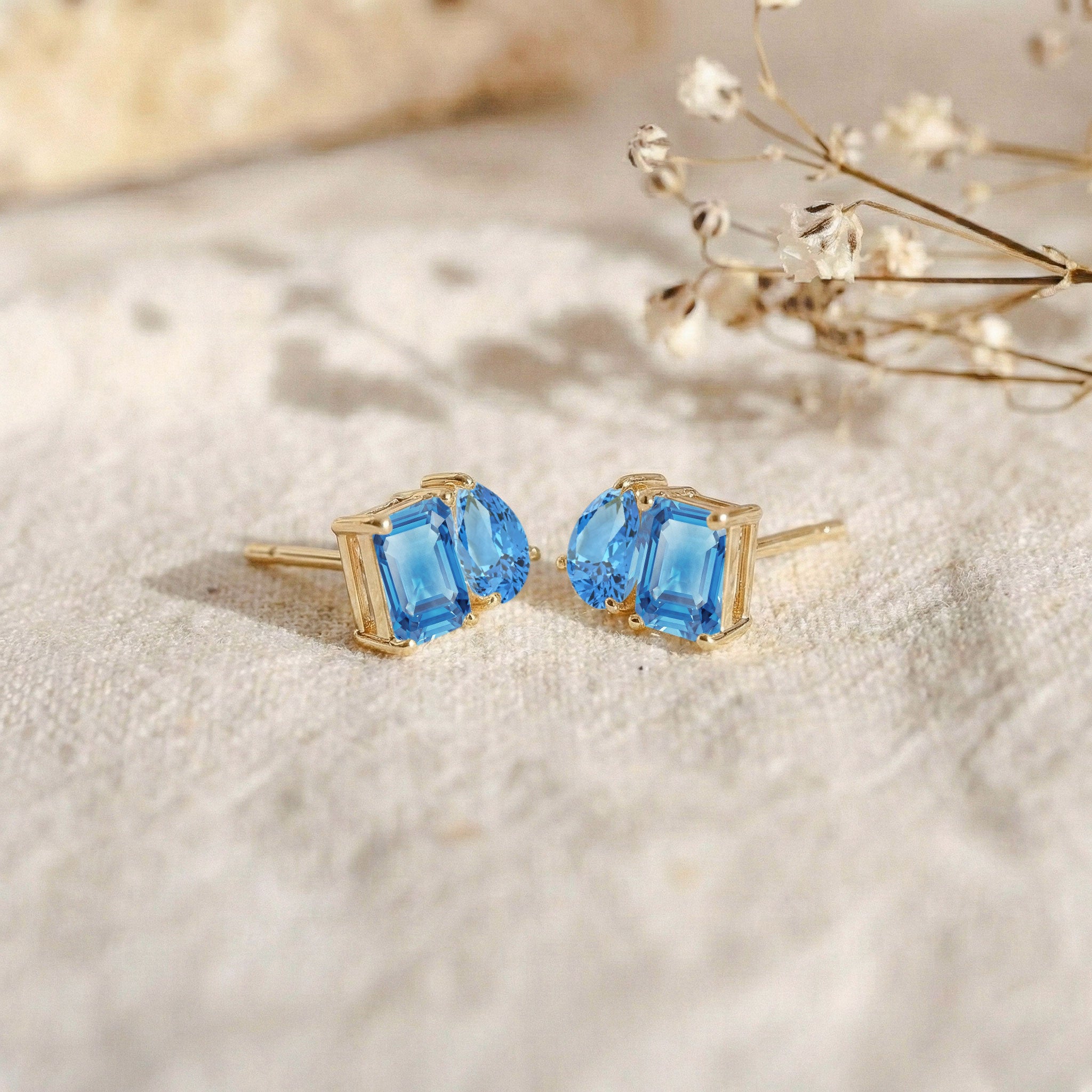 Blue Topaz Pear and Octagon Stud Earrings in 925 Sterling Silver 6*4MM 2ct