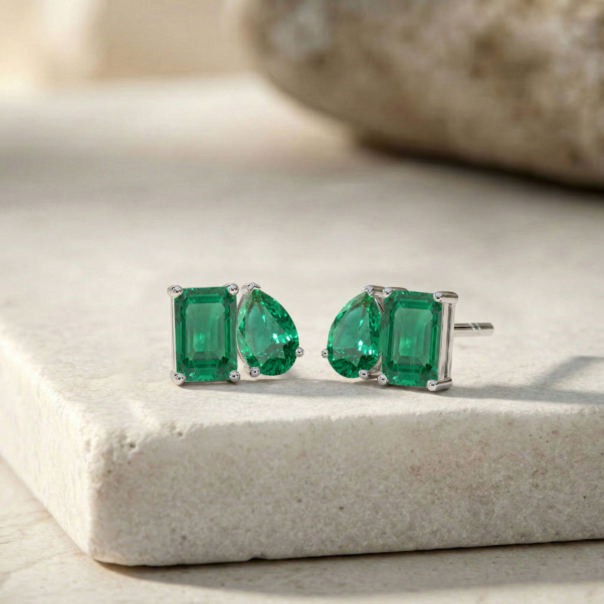 Emerald Pear and Octagon Stud Earrings in 925 Sterling Silver 6*4MM 2ct