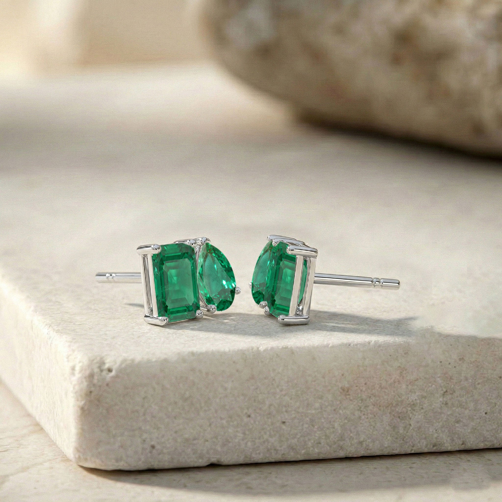 Emerald Pear and Octagon Stud Earrings in 925 Sterling Silver 6*4MM 2ct