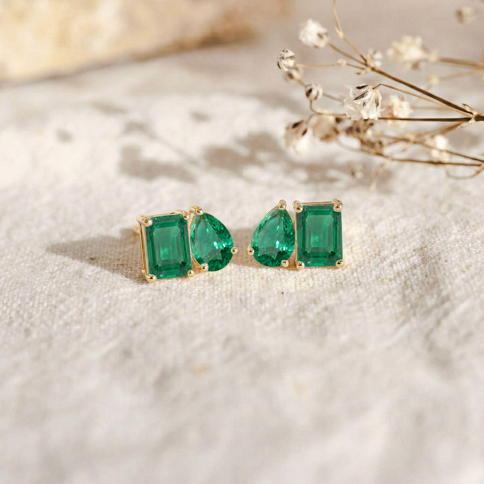 Emerald Pear and Octagon Stud Earrings in 925 Sterling Silver 6*4MM 2ct