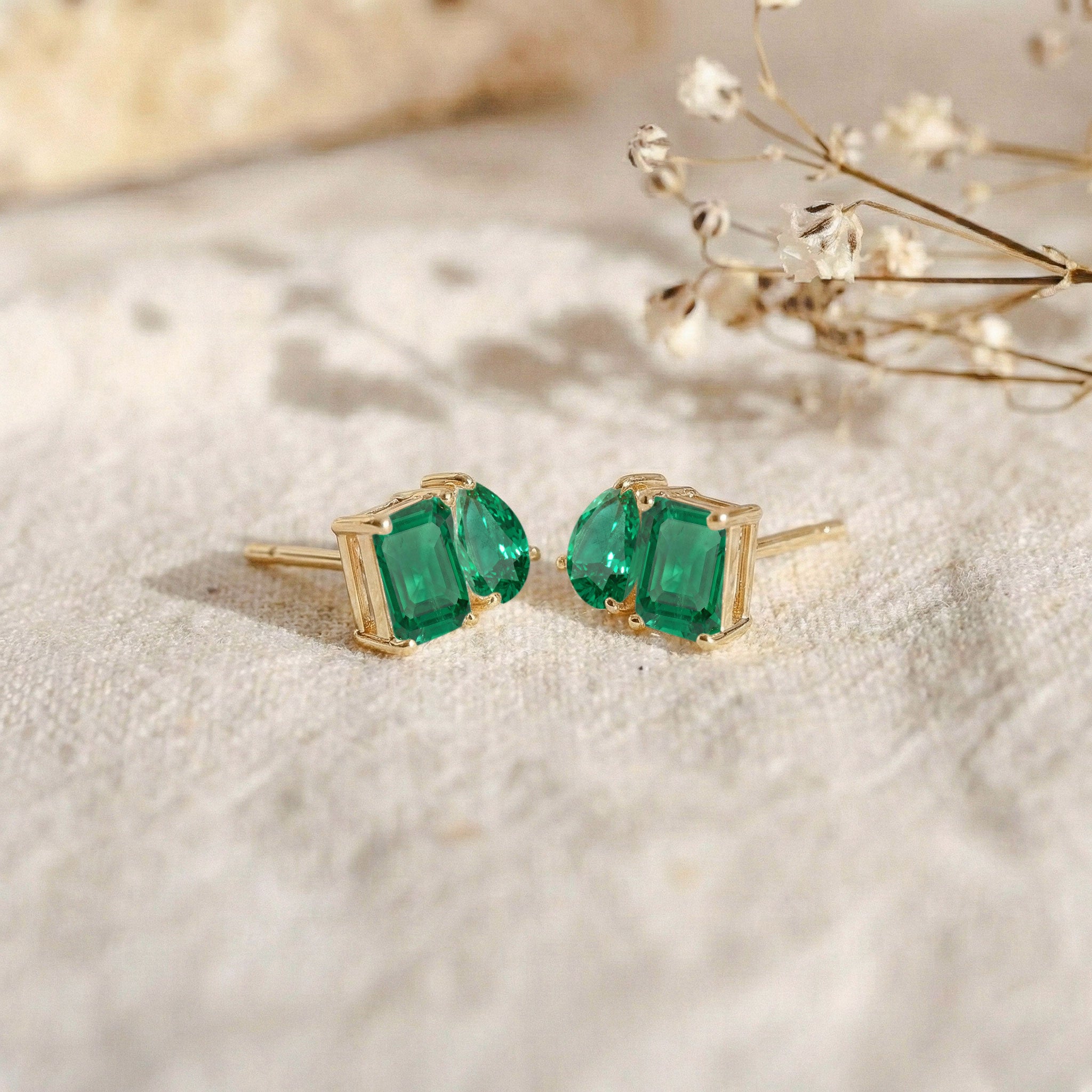 Emerald Pear and Octagon Stud Earrings in 925 Sterling Silver 6*4MM 2ct