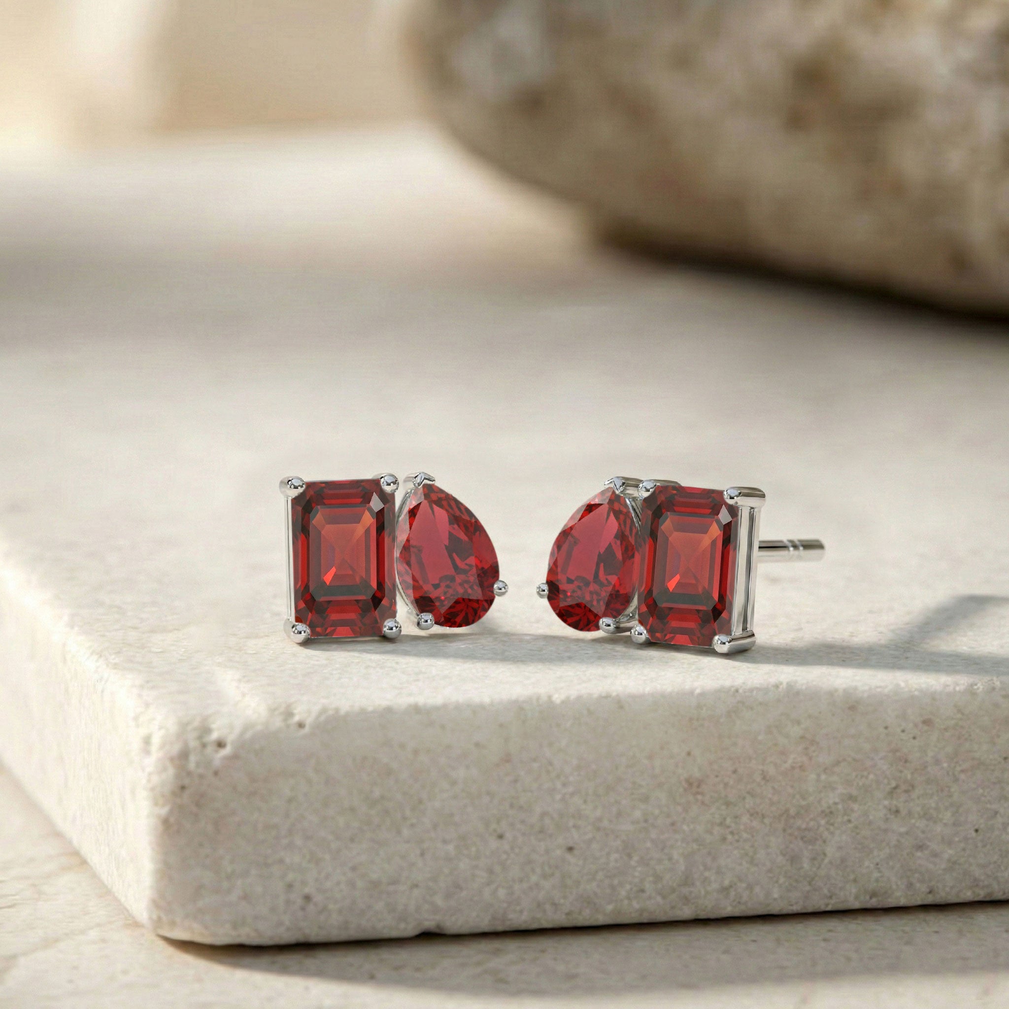 Red gemstone earrings silver geometric style