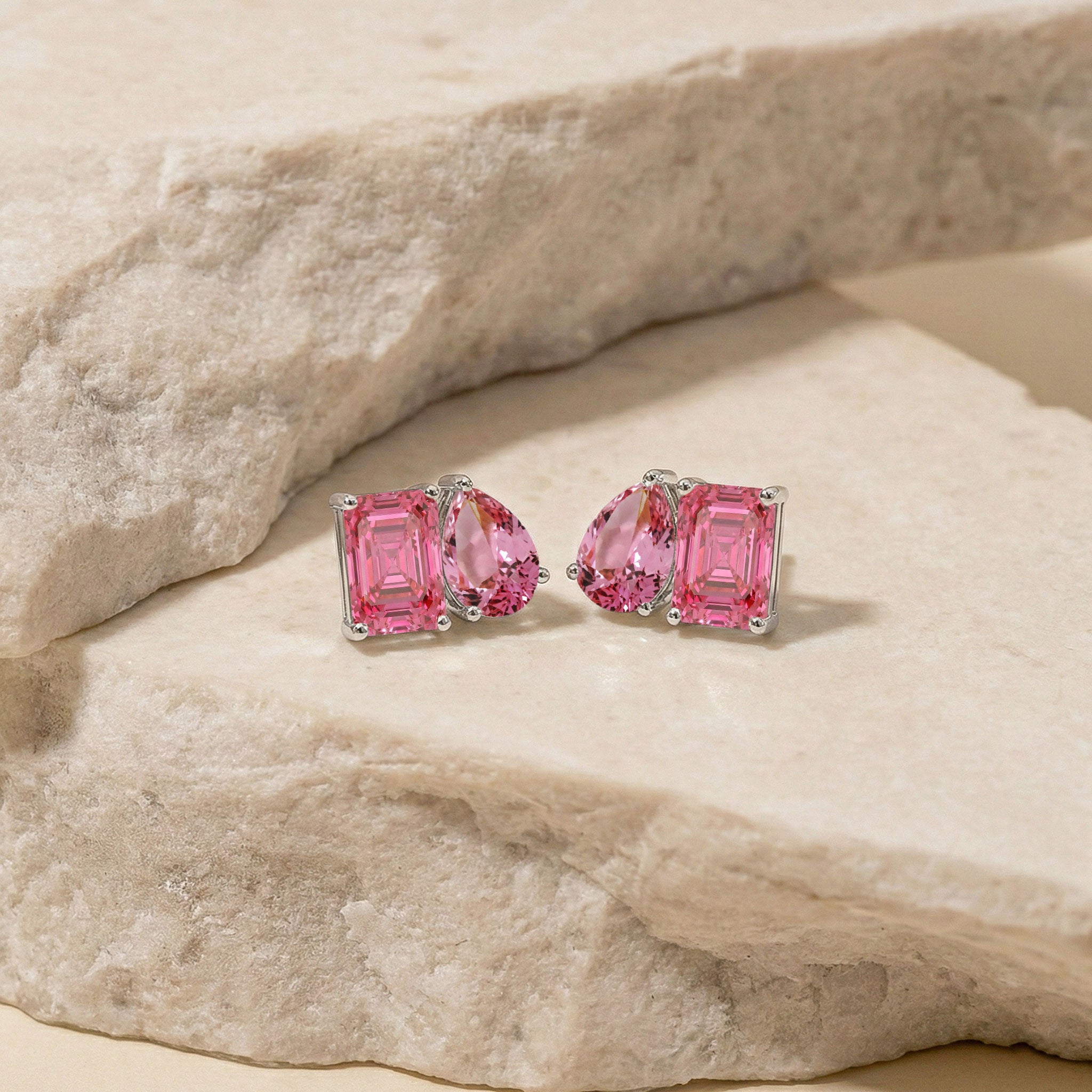 Pink Tourmaline Pear and Octagon Stud Earrings in 925 Sterling Silver 6*4MM 2ct