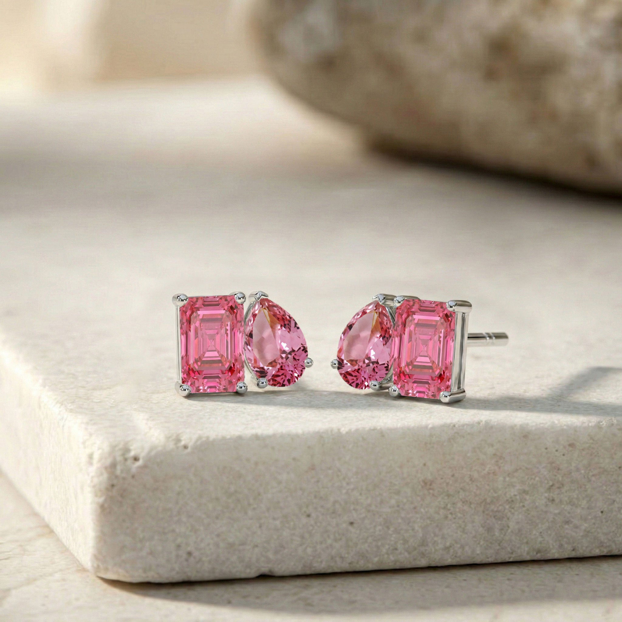 Pink Tourmaline Pear and Octagon Stud Earrings in 925 Sterling Silver 6*4MM 2ct